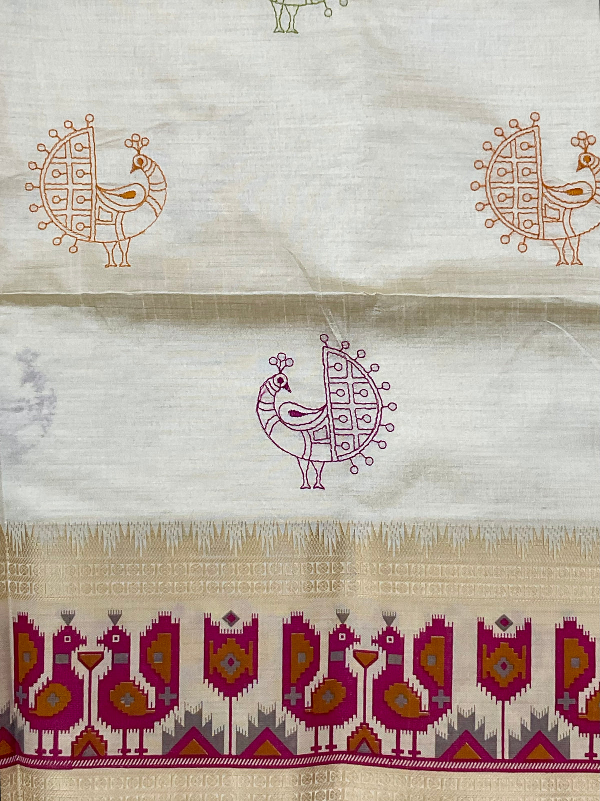 White & Gold Handloom Cotton Silk Saree with Pink Pochampally Weaving — Zari Pallu & Blouse Piece