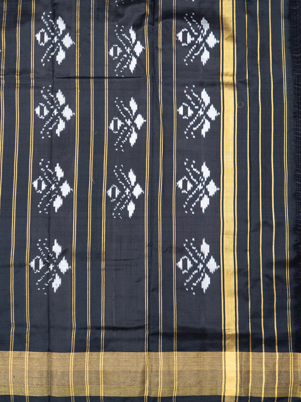 Pure Pochampally Double Ikat Pink Silk Saree with Black Designer Ikat Pallu & Gold Zari Border