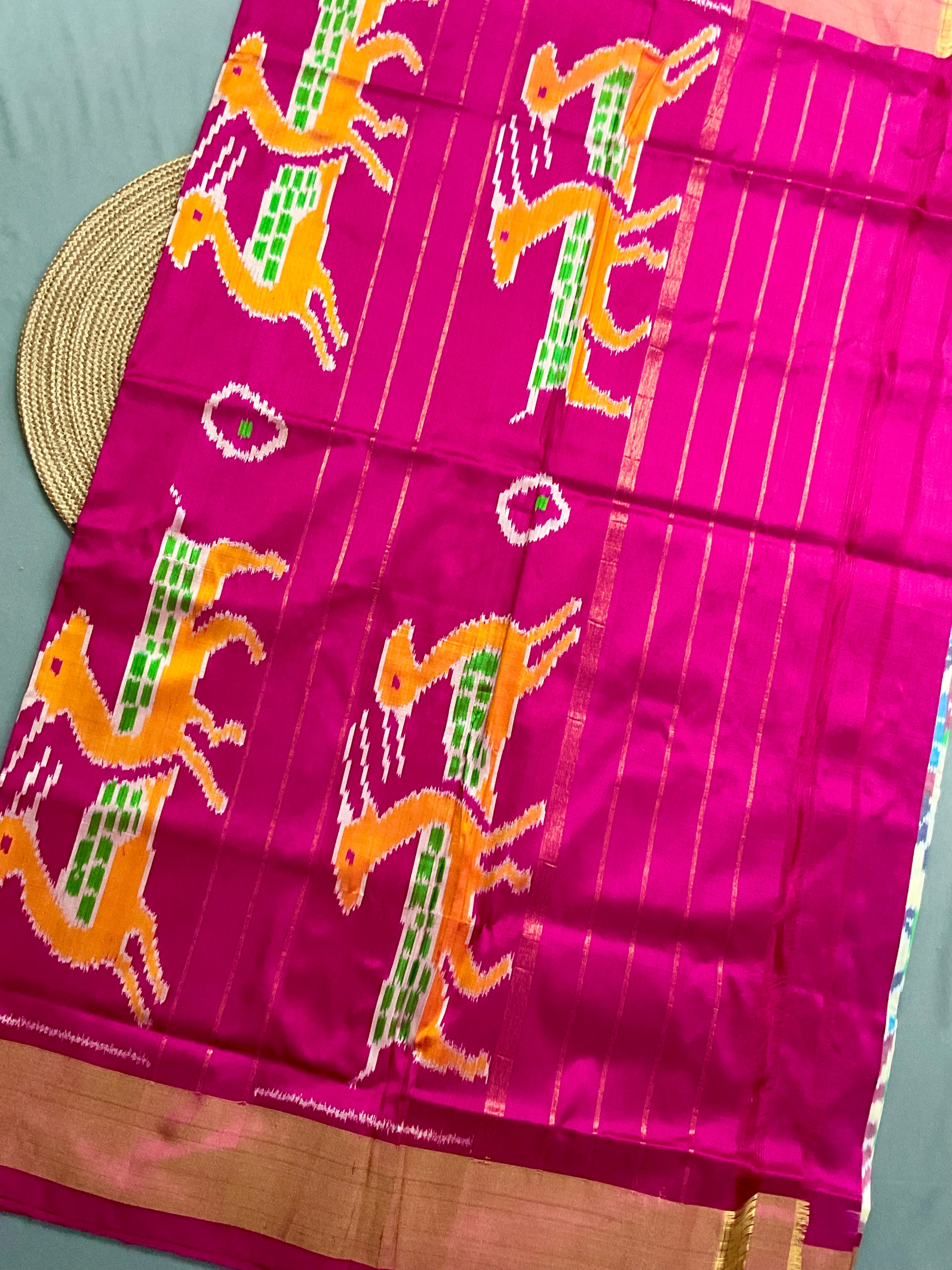 Pure Pochampally Double Ikat Silk Saree in White with Contrast Pink Zari Pallu & Blouse