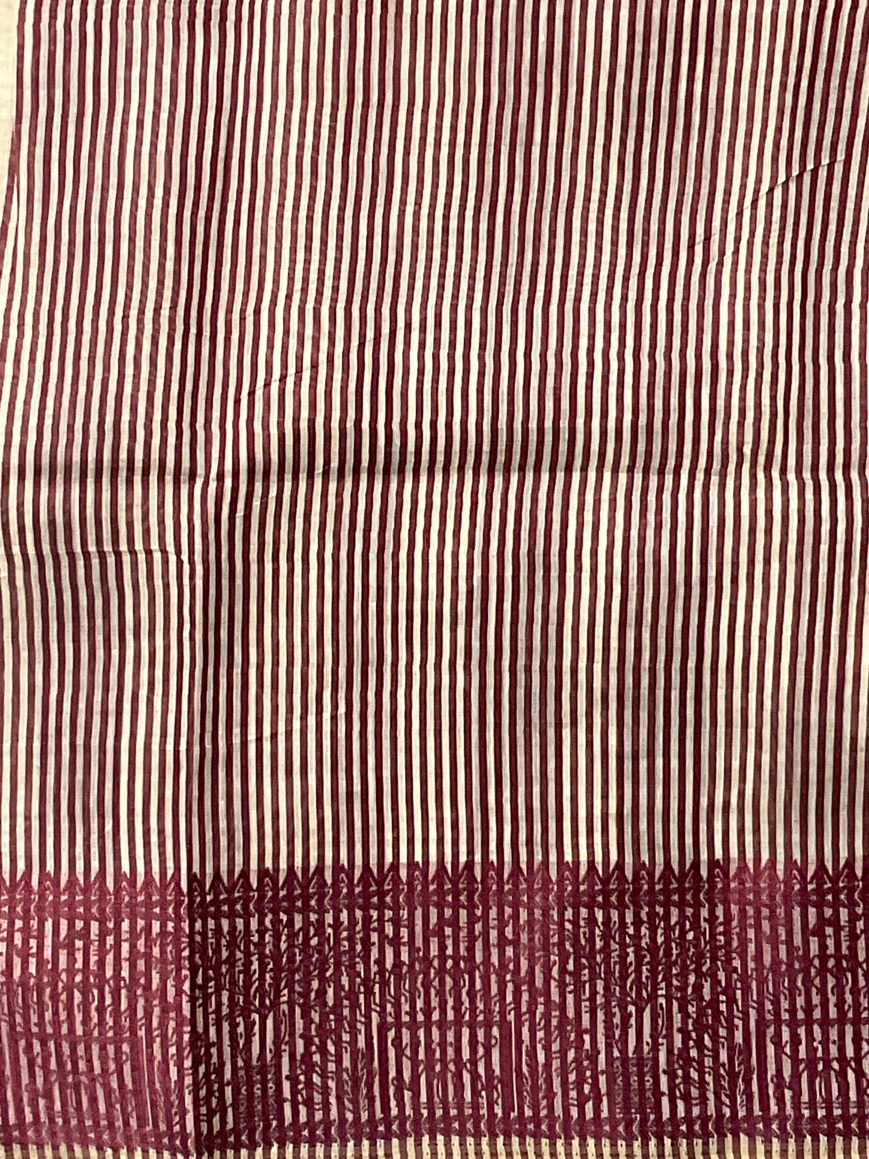 Kalamkari Hand Embroidery Cotton-Linen Saree – Off-White with Maroon Vareli Embroidery & Blouse