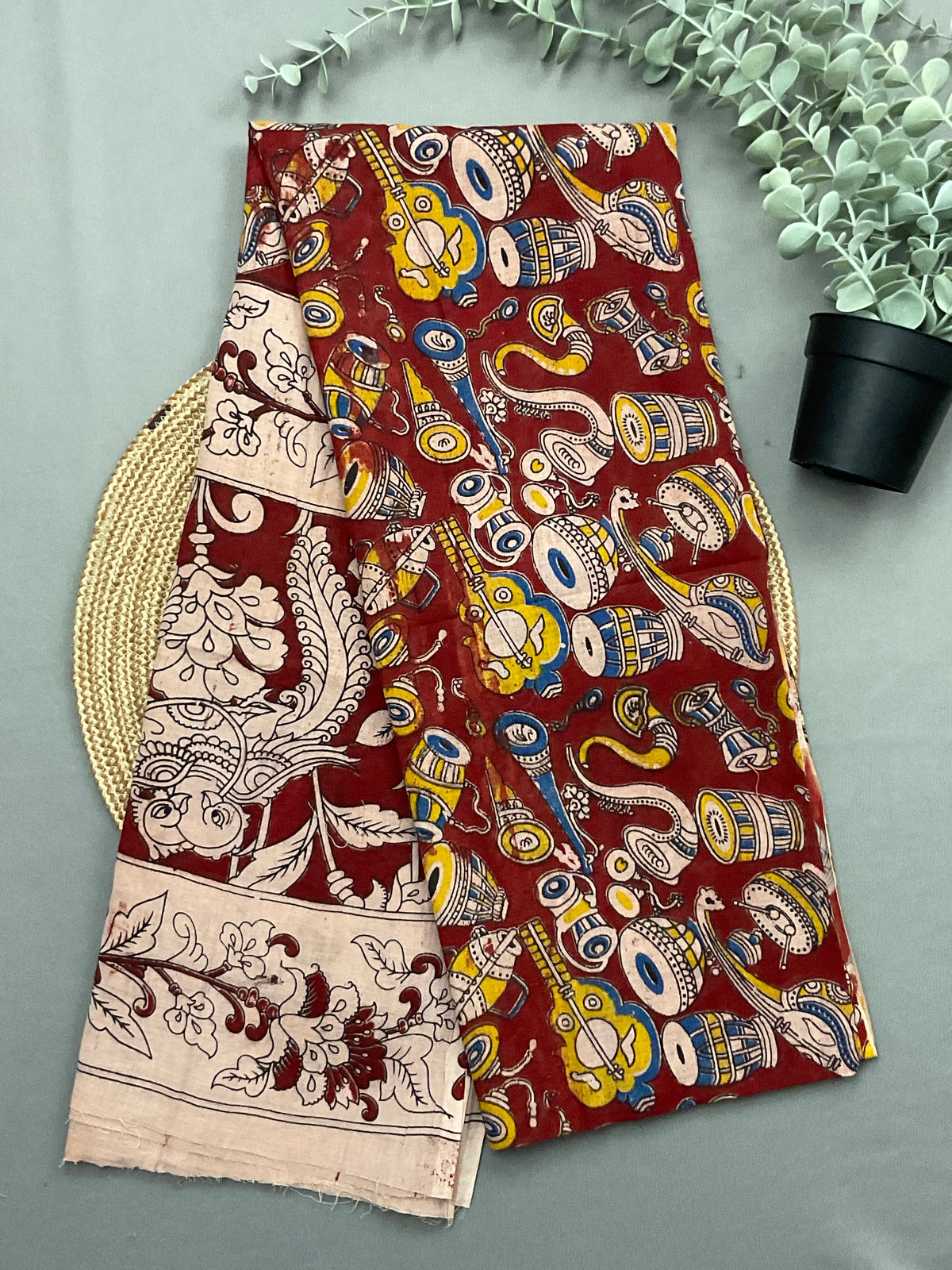 Red Kalamkari printed dupatta for blue ikkat dress material