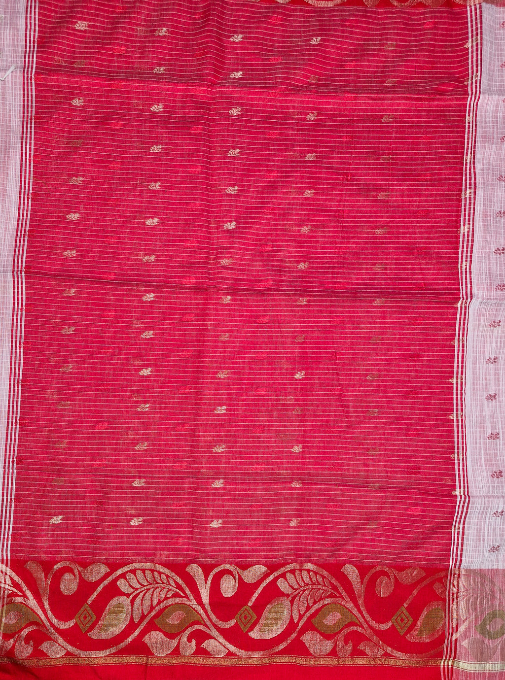Ivory & Red Pochampally Kota Cotton Saree with Zari Buttas