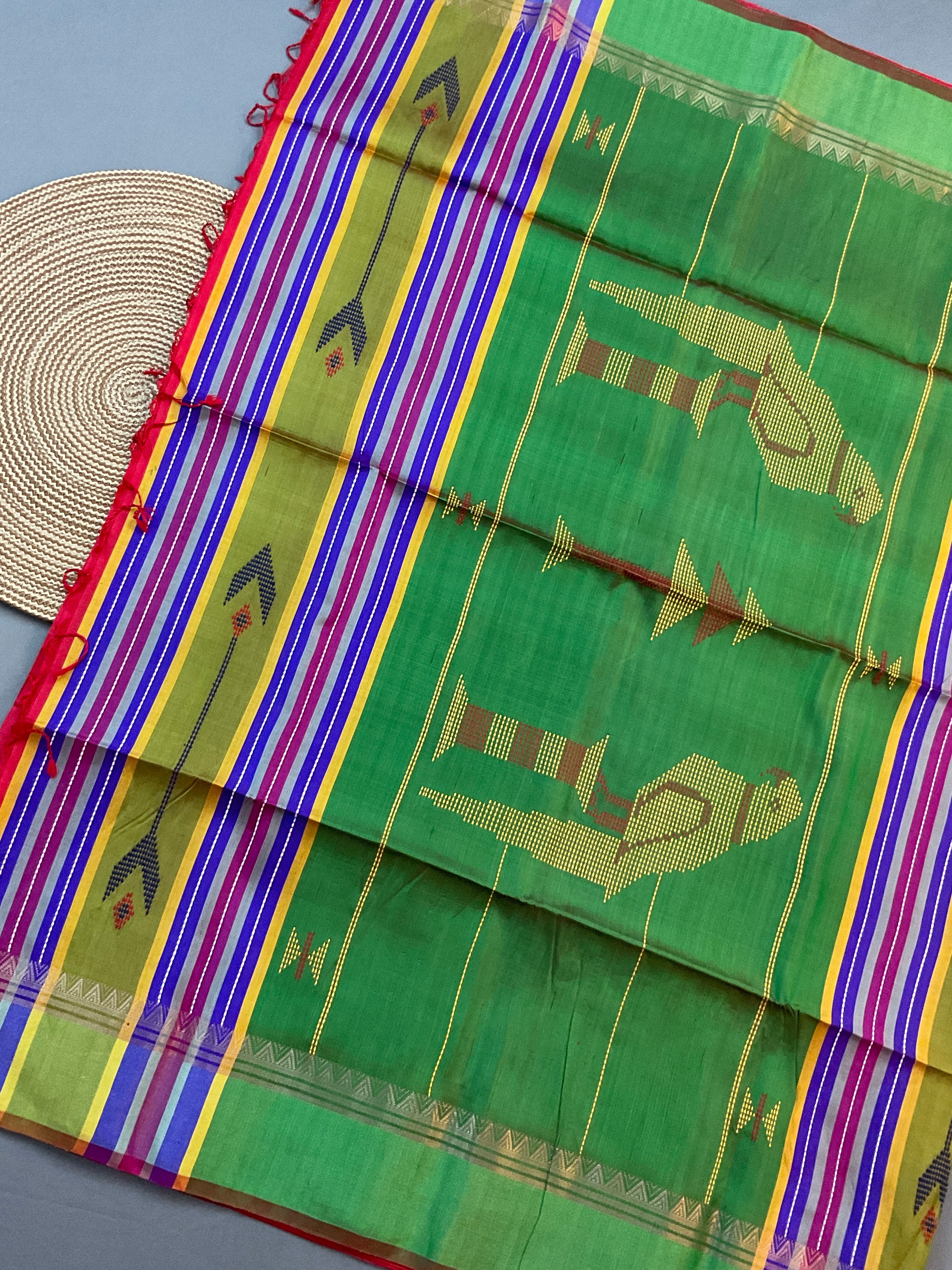 Handwoven Pure Silk Saree in Green with Rich Weave Pallu, Contrast Border & Blouse