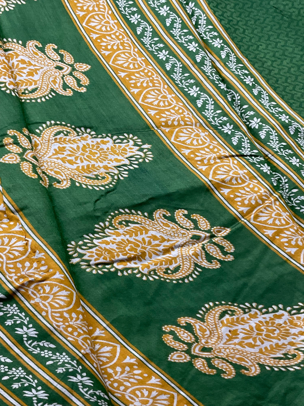 Kalamkari Leheriya Printed Soft Silk Saree in Green with Designer Pallu and Gold Border