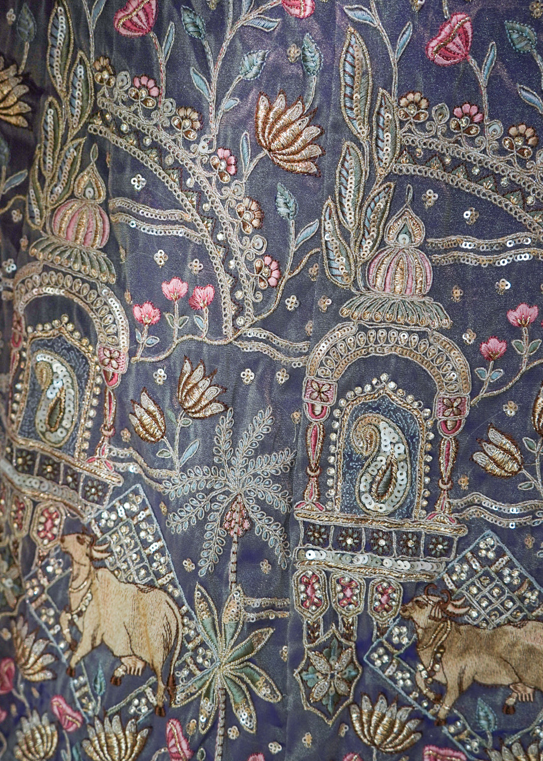 Antique Mauve Handloom Silk Bridal Lehenga with Pastel Floral Embroidery
