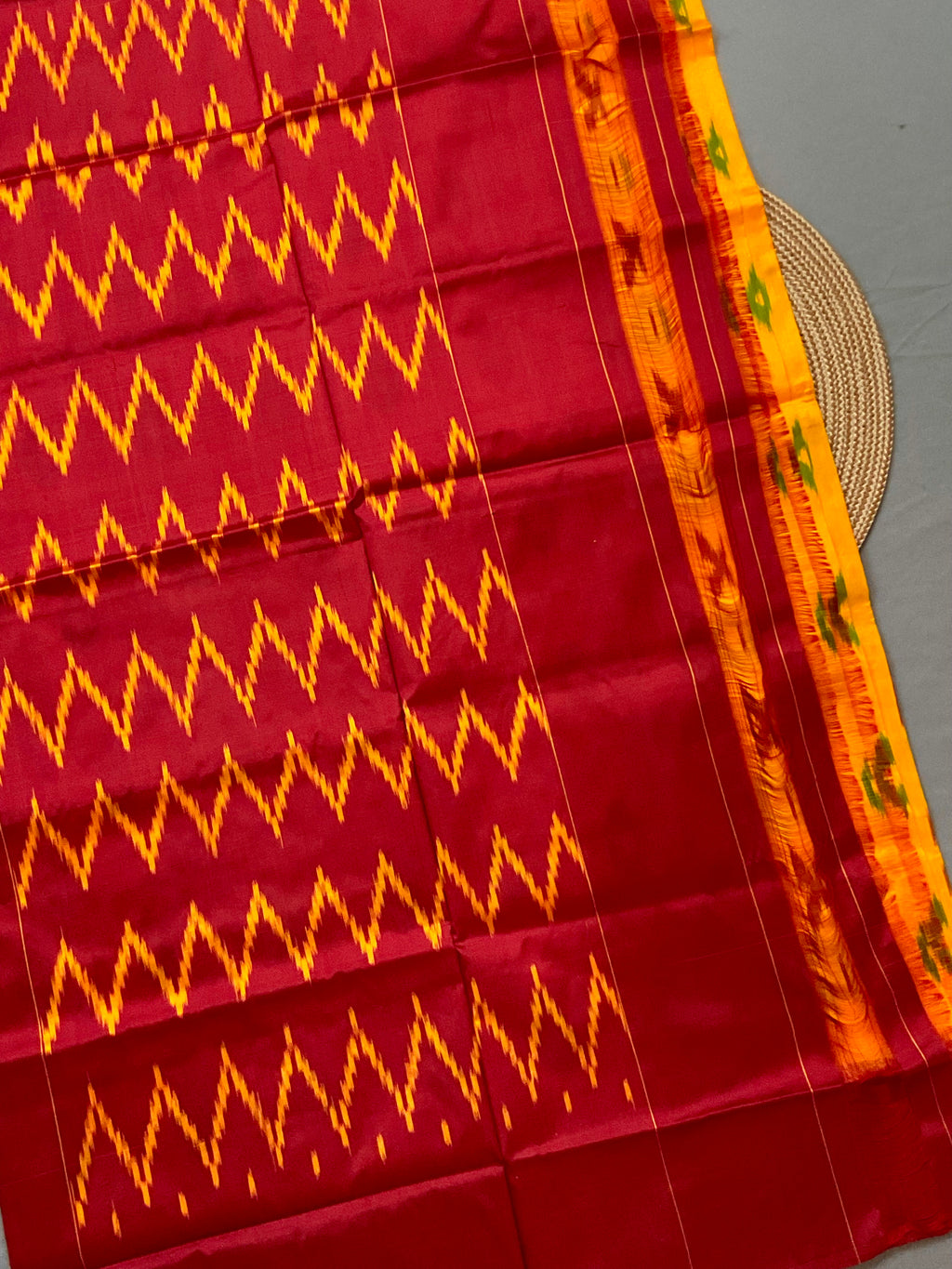 Mustard Pochampally Single Ikat Silk Saree — Red Ikat Pallu & Plain Red Border