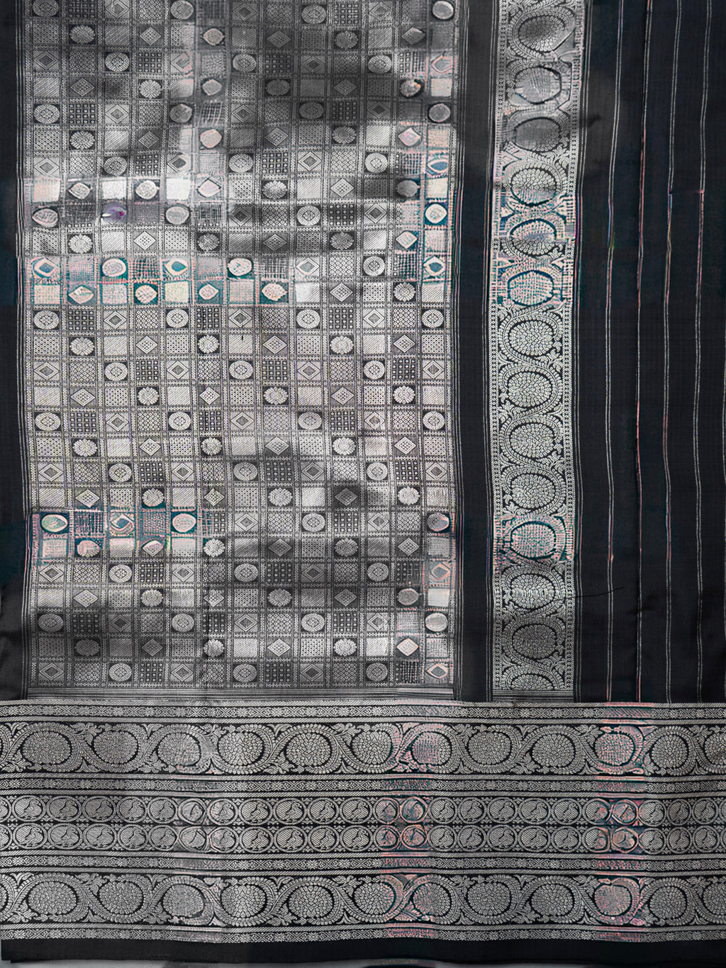 Pure Pochampally Silk Saree with Kanjeevaram Silver Zari Border & Black Silver Pallu