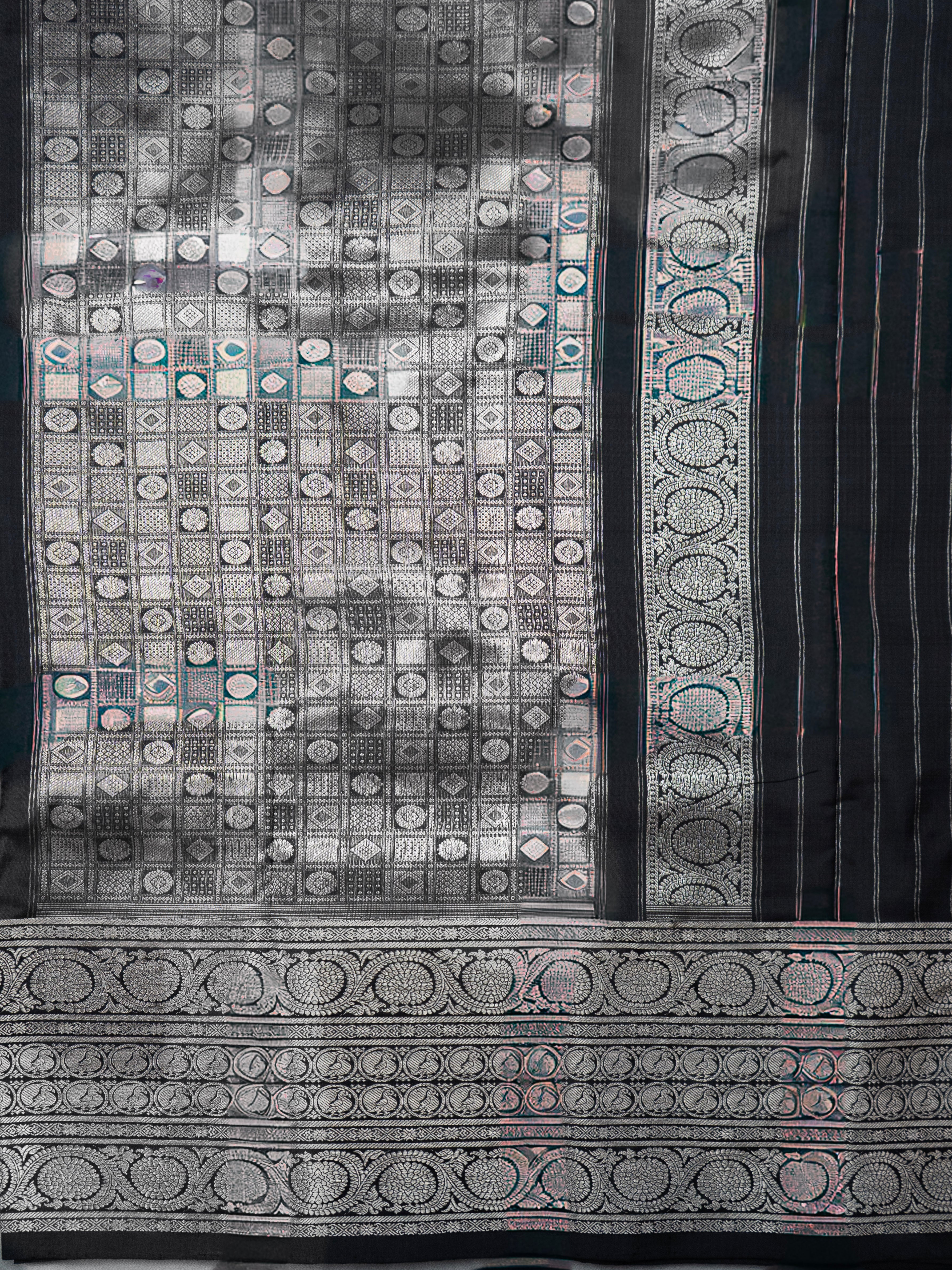 Pure Pochampally Silk Saree with Kanjeevaram Silver Zari Border & Black Silver Pallu