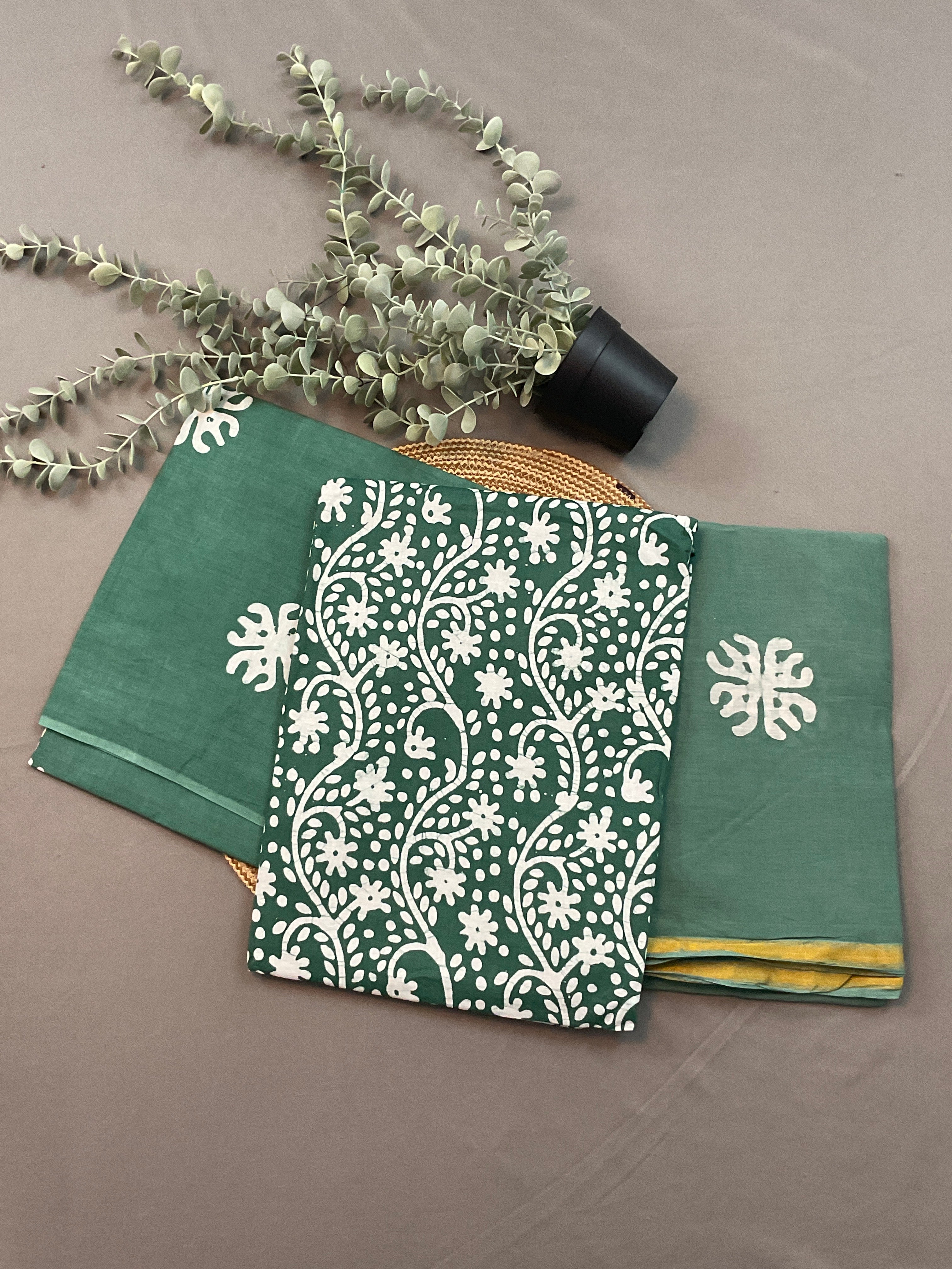 Dark Green Hand Batik Print Cotton Dress Material – Unstitched 3-Piece Suit
