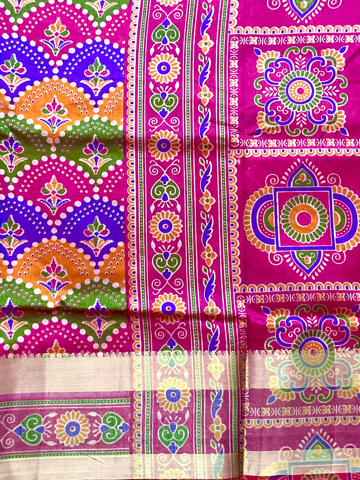 Handprinted Pochampally Patola Cotton Silk Saree in Multicolour with Pink Patola Pallu