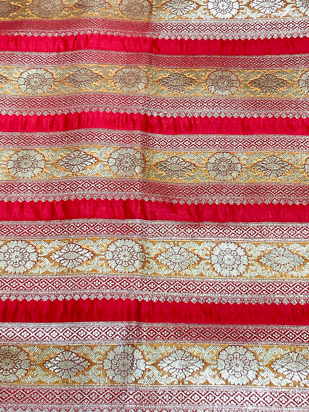 Red & Mustard Banarasi Handloom Silk Fabric with Gold & Silver Zari (Per Metre)