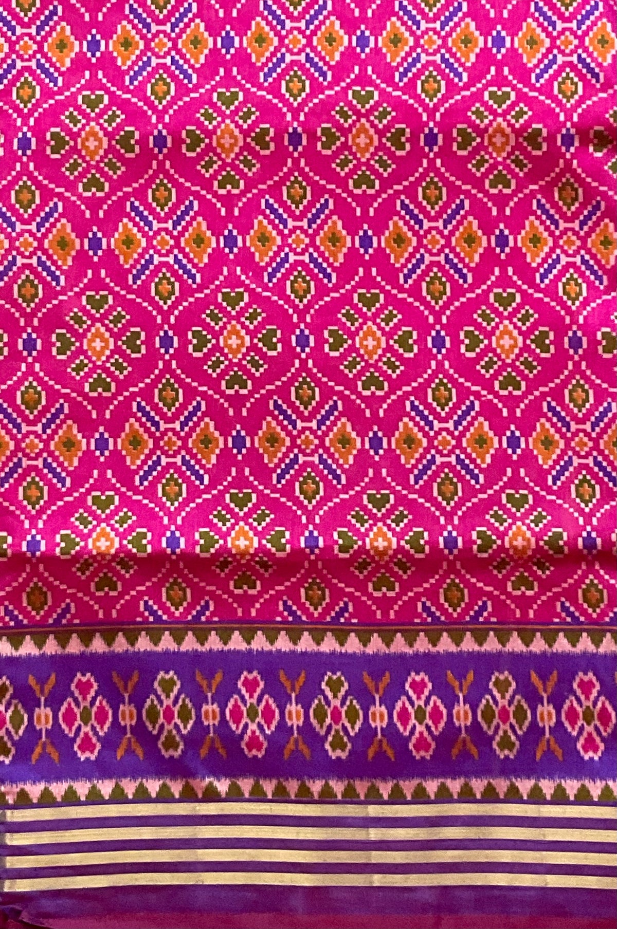 Pochampally Cotton Silk Ikkat Patola Print Saree in Pink with Dark Violet Designer Pallu