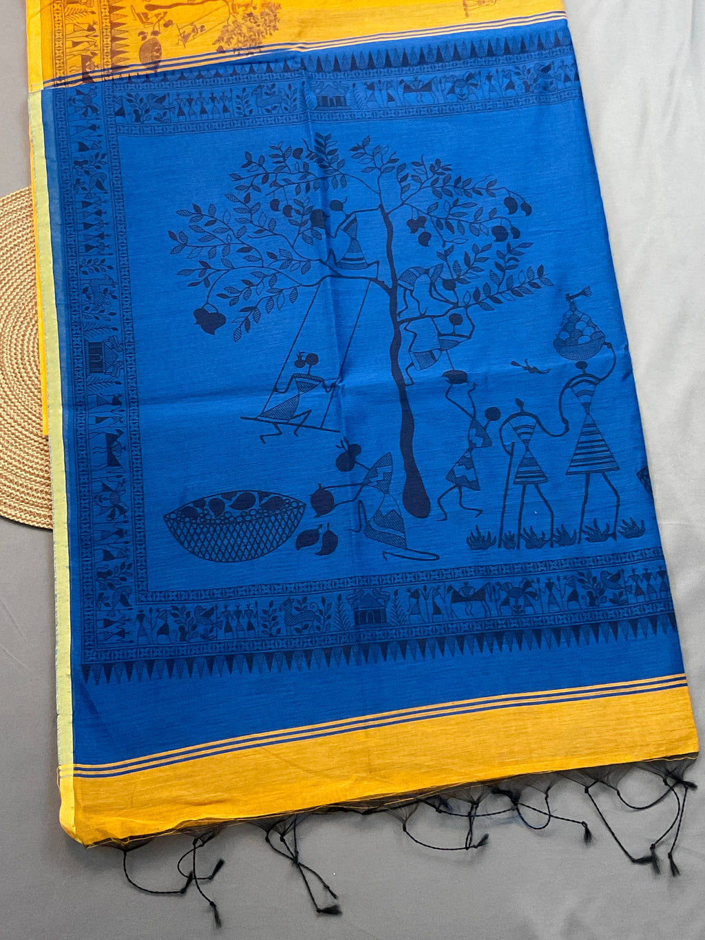 Handloom cotton silk saree in Kalamkari Vareli printing all over with blouse — mustard saree with blue pallu