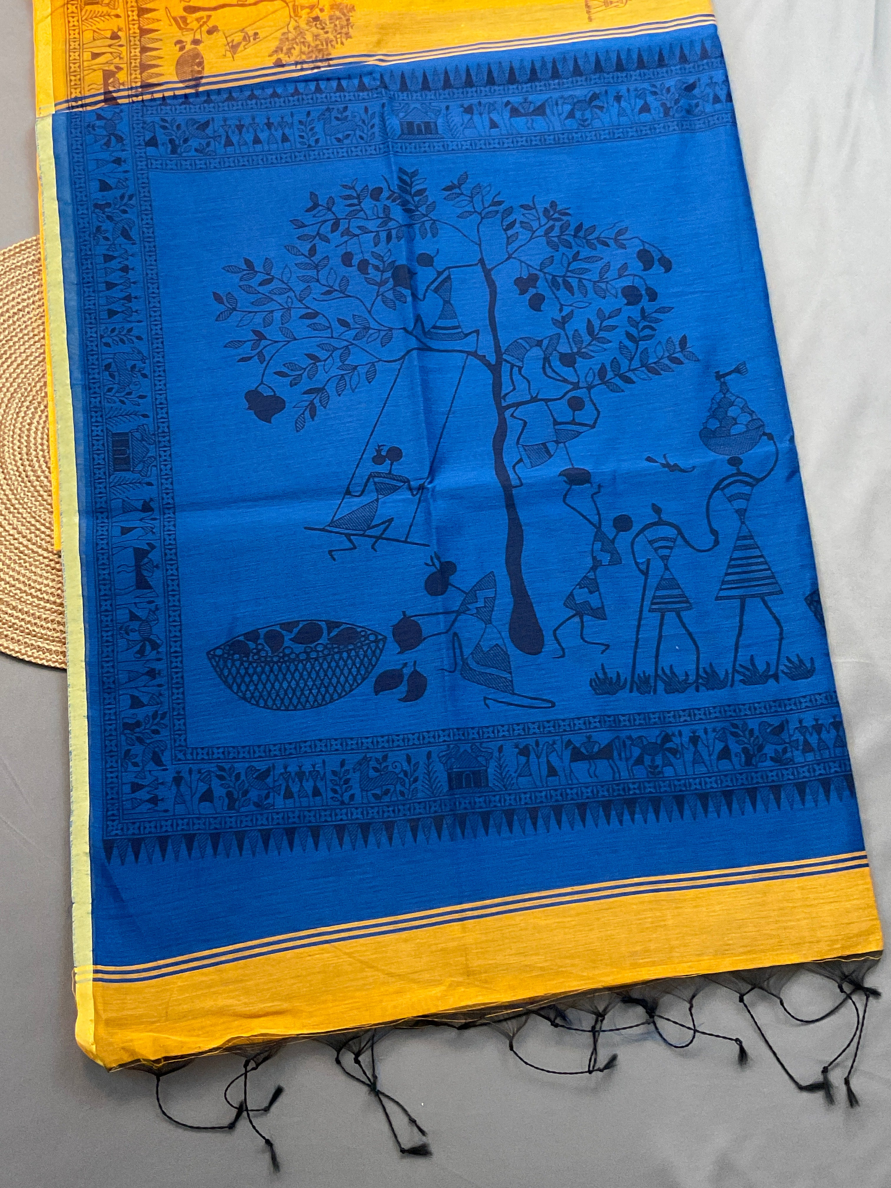Handloom cotton silk saree in Kalamkari Vareli printing all over with blouse — mustard saree with blue pallu