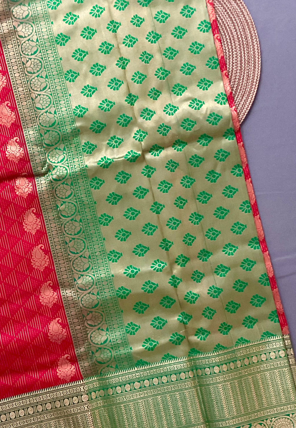 Red Kanchipuram Silk Saree – Green Heavy Border and contrast pallu  with Blouse