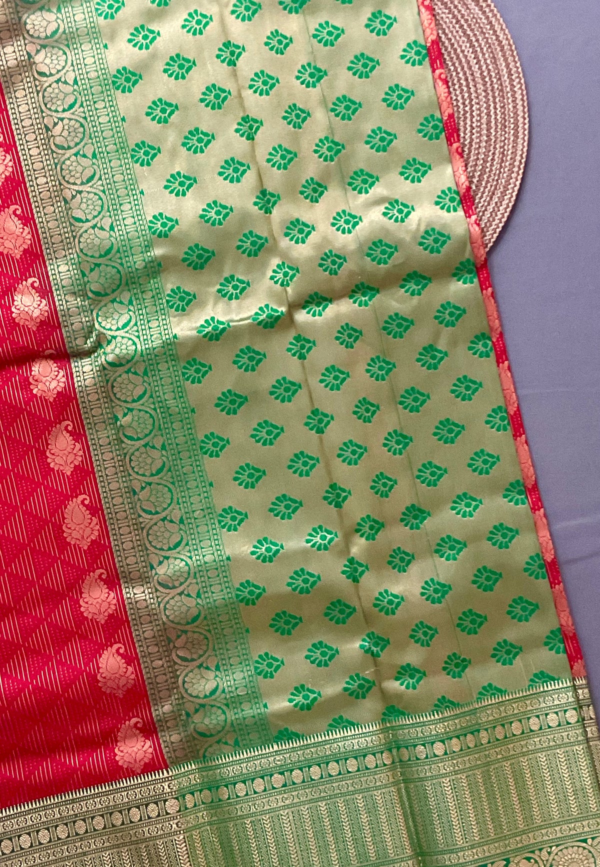 Red Kanchipuram Silk Saree – Green Heavy Border and contrast pallu  with Blouse