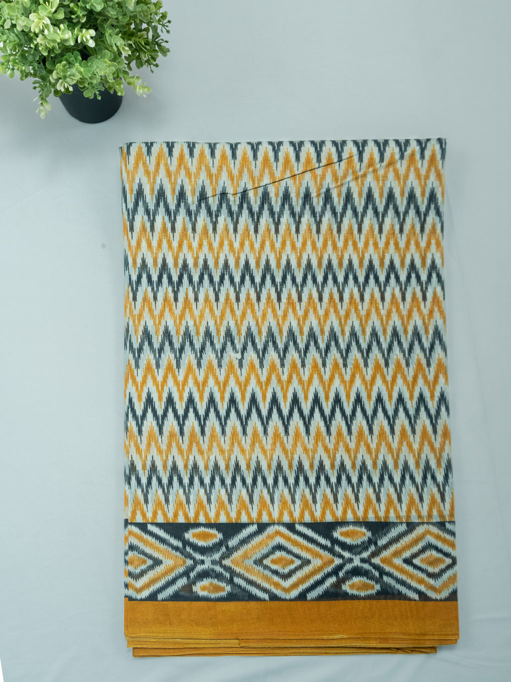 Yellow & Blue Kalamkari Zig-Zag Cotton Saree