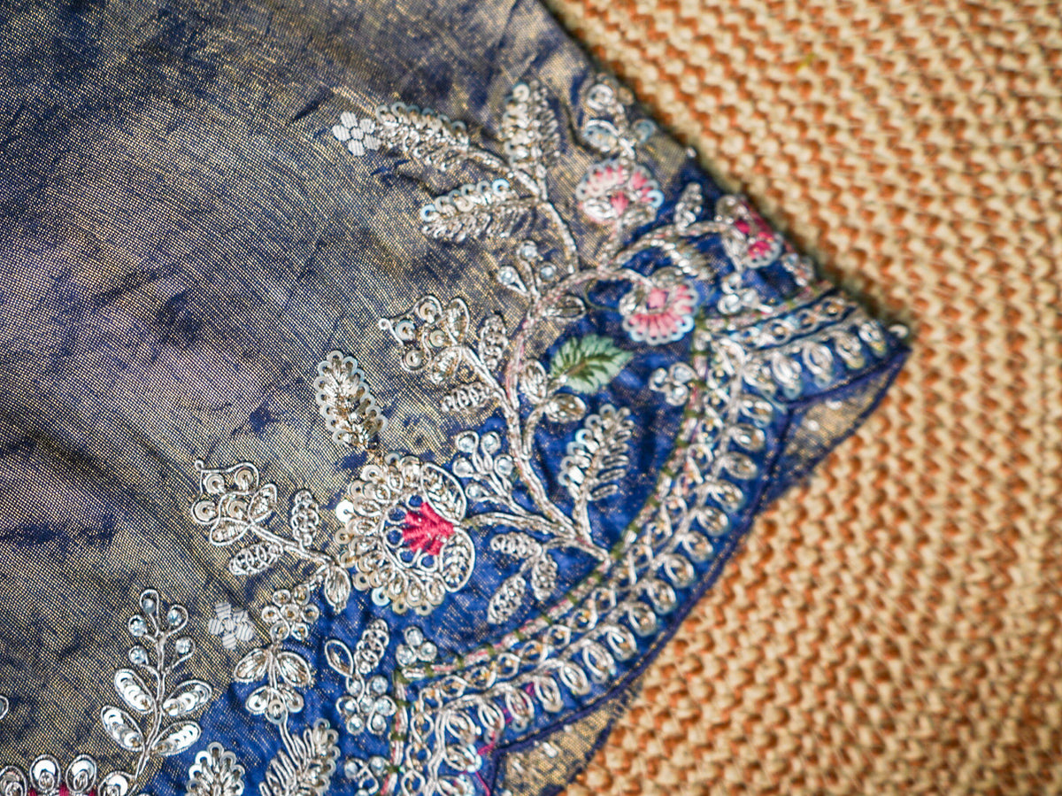 Royal Blue Pure Tissue Silk Saree – Heavy Floral Embroidery Designer Saree