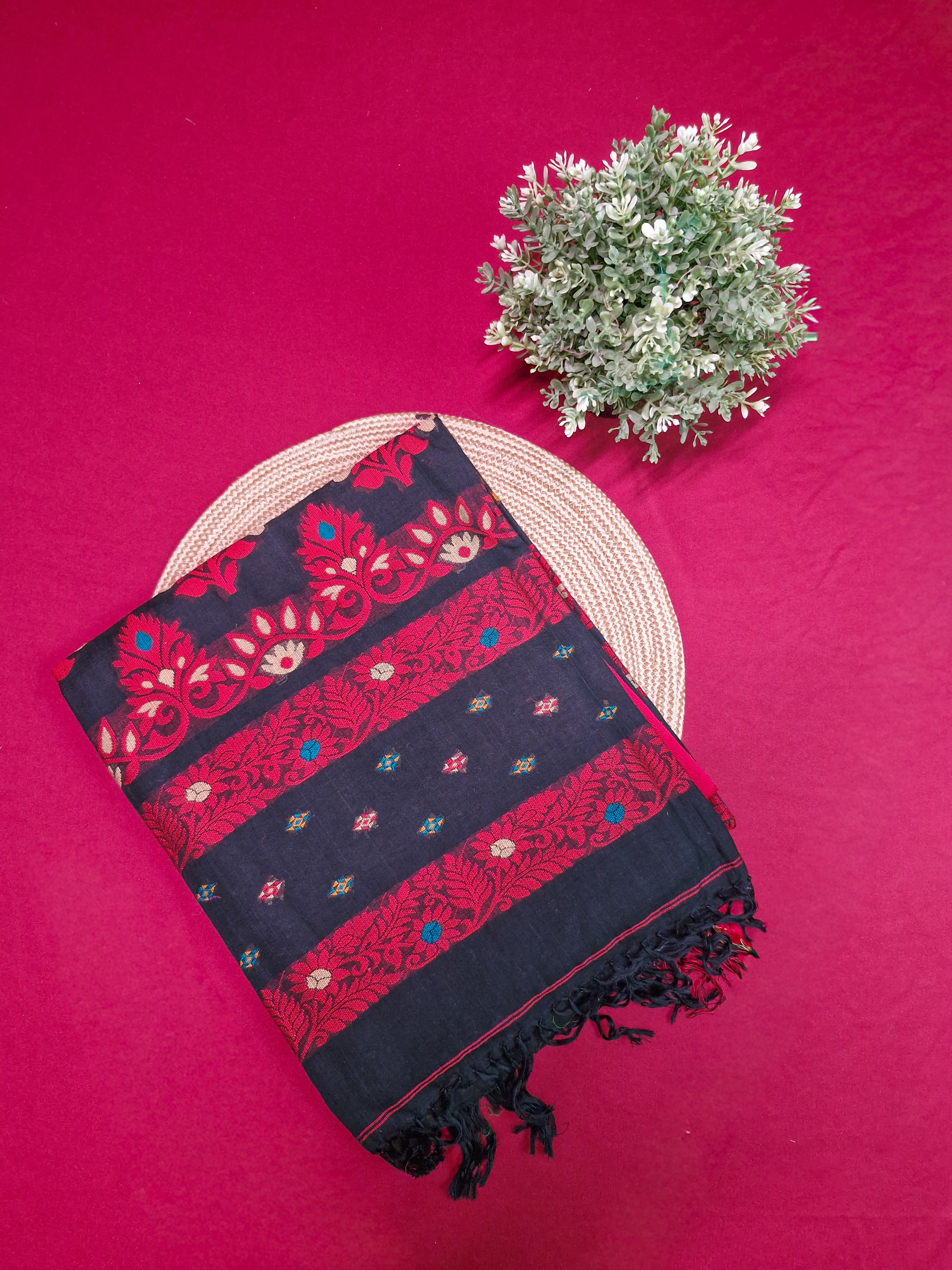 Black Pochampally Ikat Cotton Saree with Floral Pallu