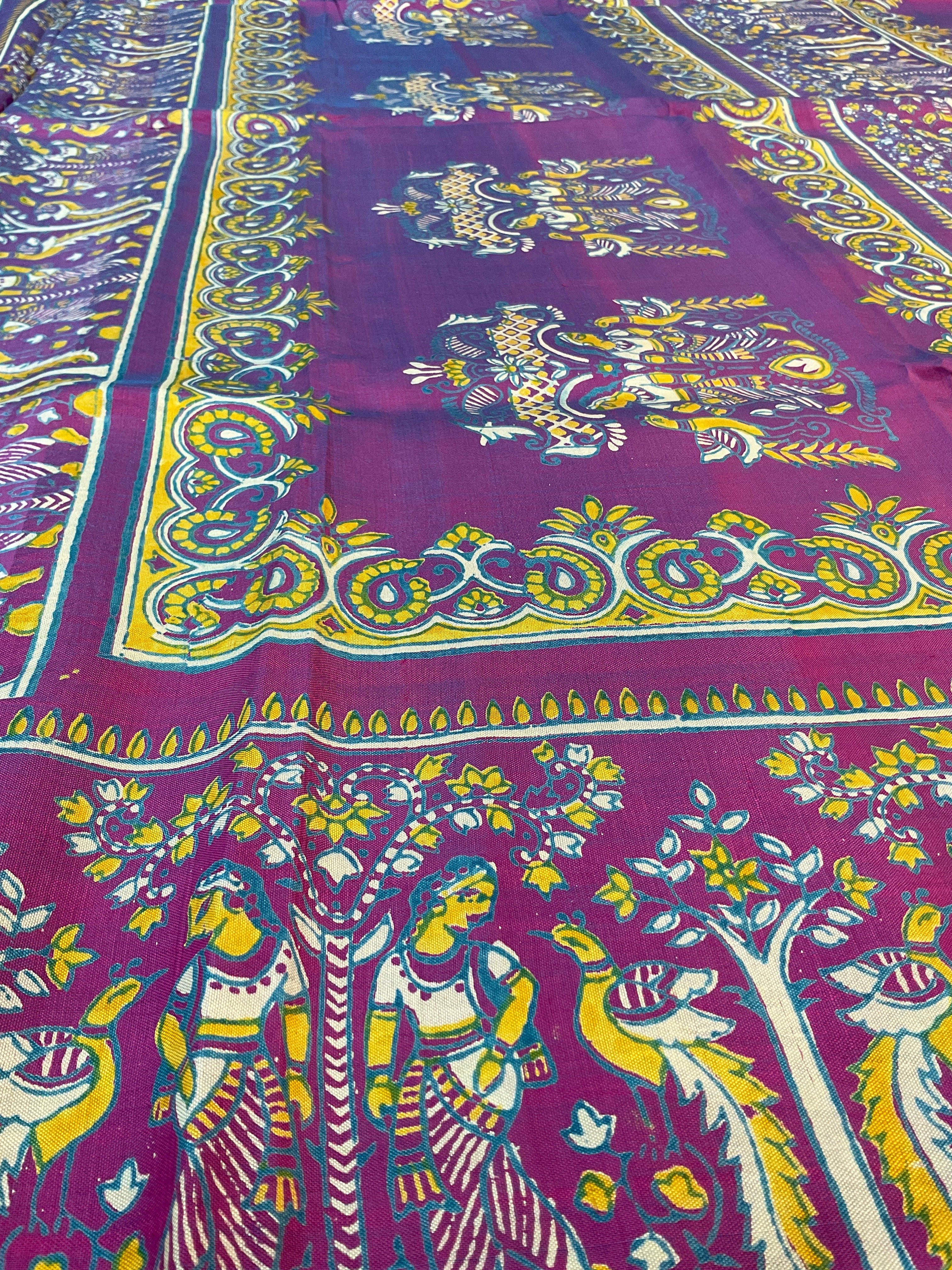 Kalamkari Hand Block Printed Pure Silk Saree in Purple with Designer Pallu & Blouse