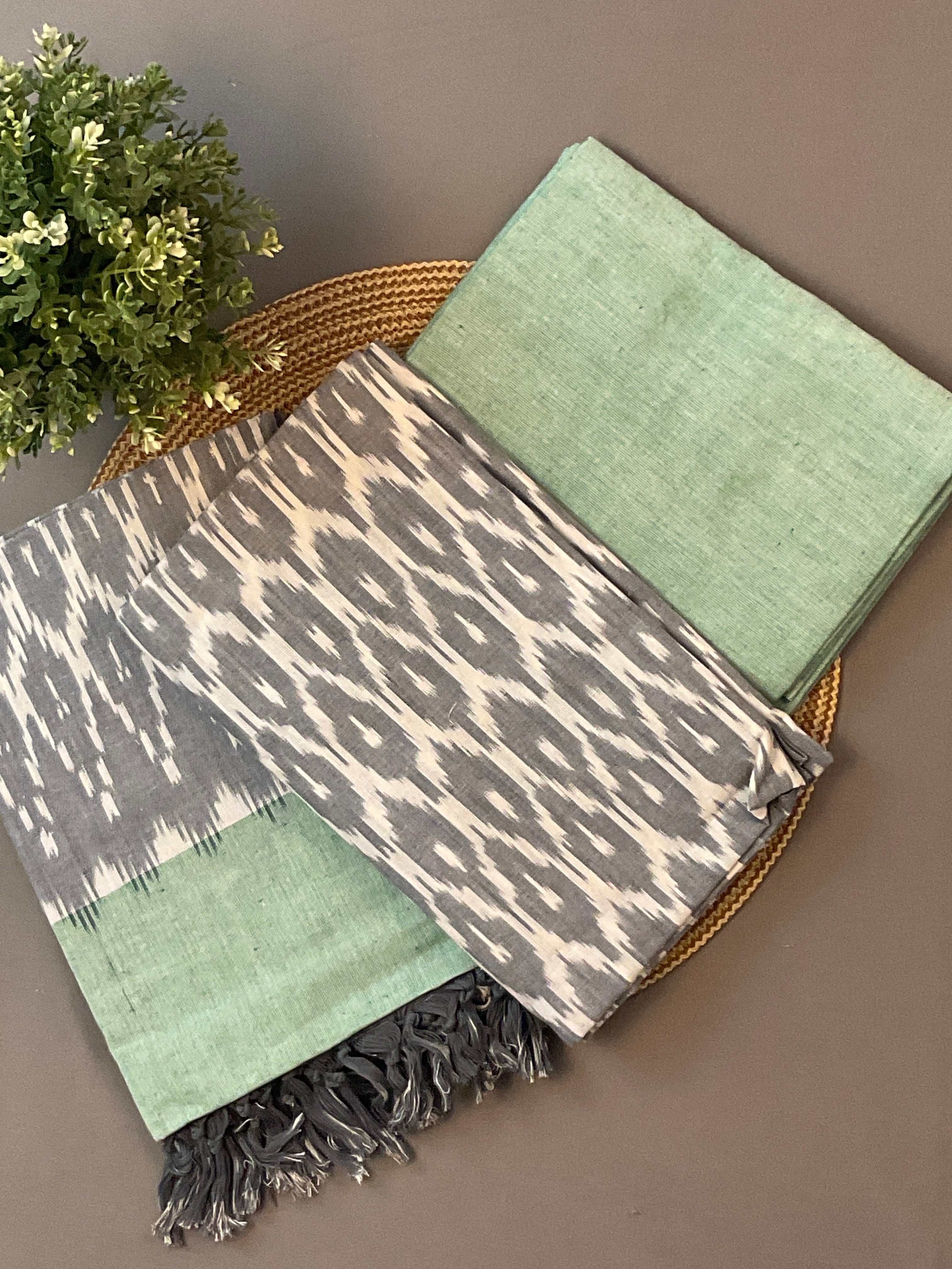 Grey & Light Green Pochampally Ikat Cotton Unstitched Dress Material – 3-Piece Suit