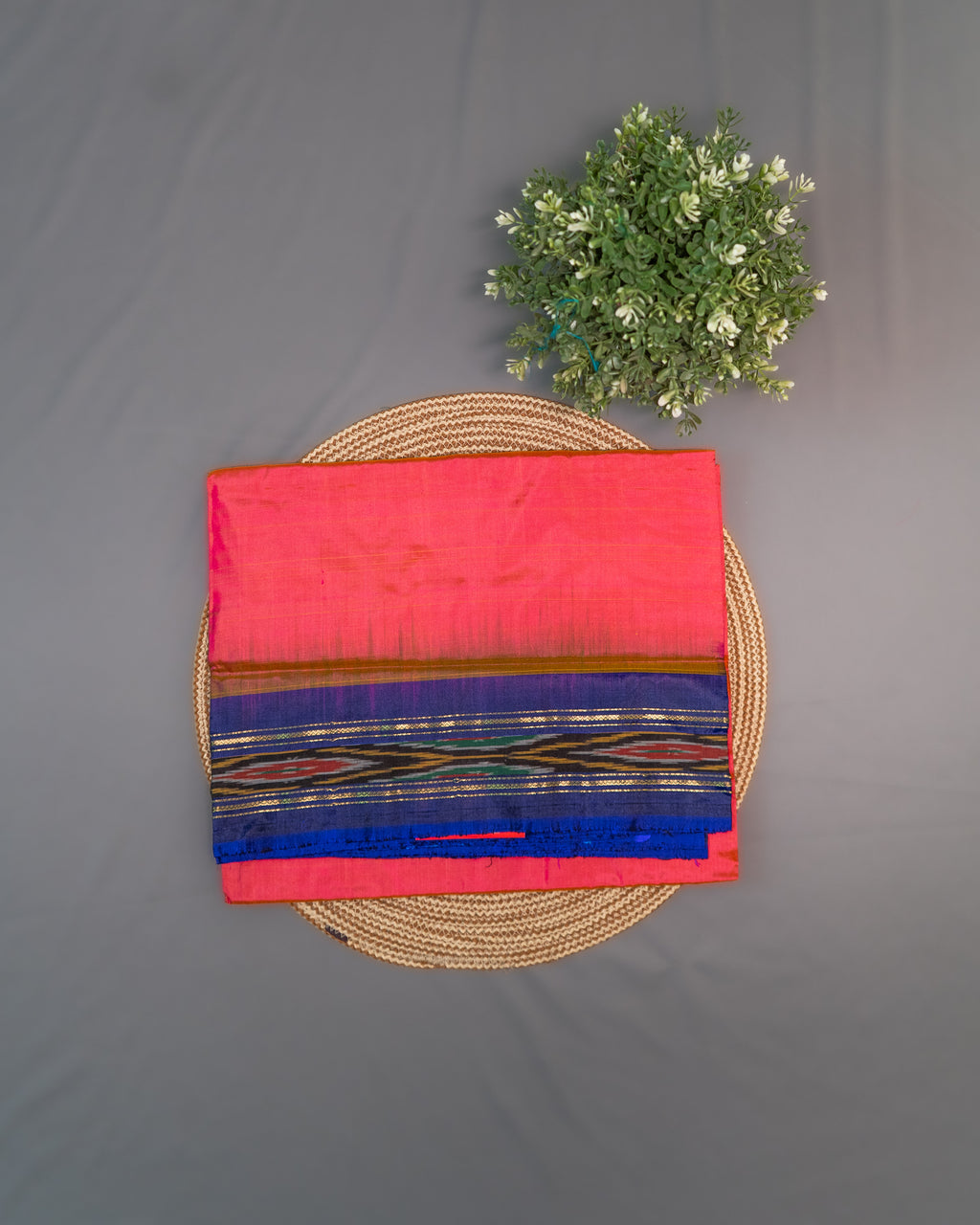 Red Pochampally Single Ikat Silk Saree — Blue Patola Border & Pallu (Without Blouse)