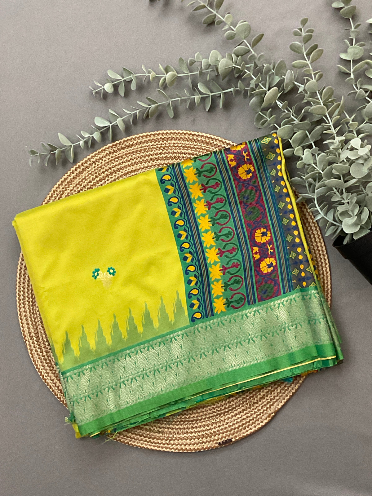Vibrant Green Jamdani Silk Saree with Temple Border and Dark Green Pallu