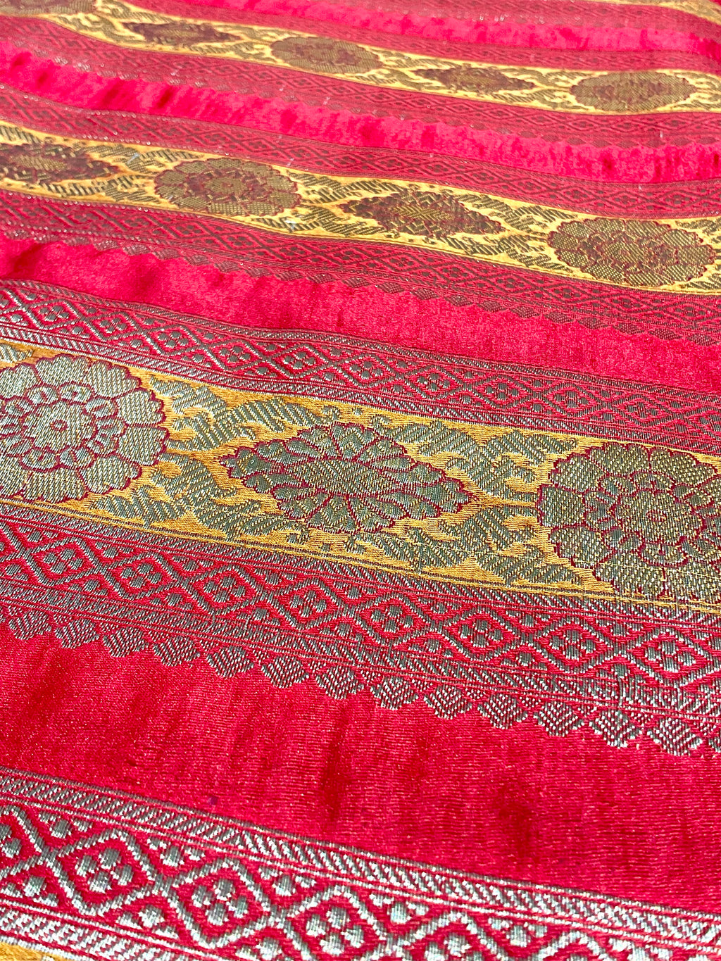 Red & Mustard Banarasi Handloom Silk Fabric with Gold & Silver Zari (Per Metre)