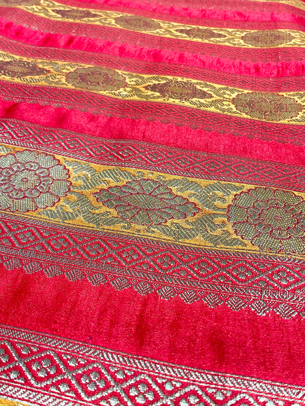 Red & Mustard Banarasi Handloom Silk Fabric with Gold & Silver Zari (Per Metre)