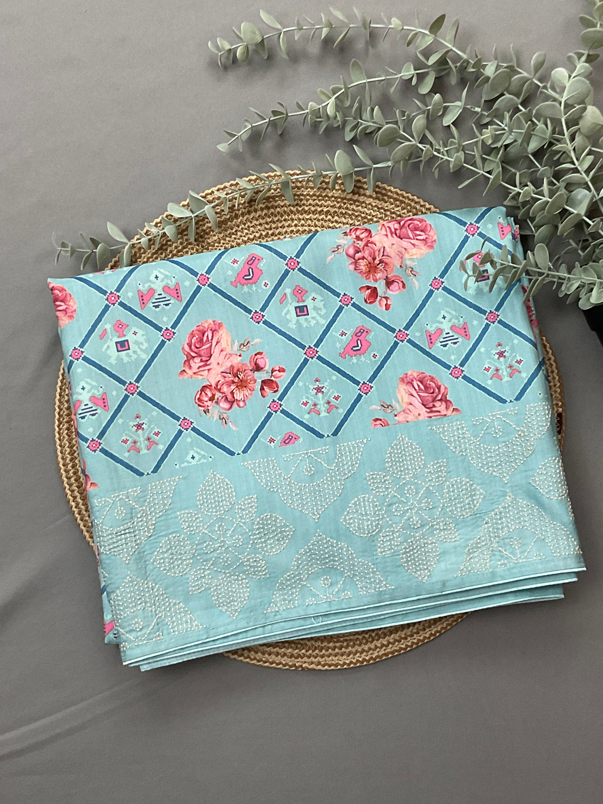 Sky Blue Printed Silk Saree with Ikat and Floral Motifs