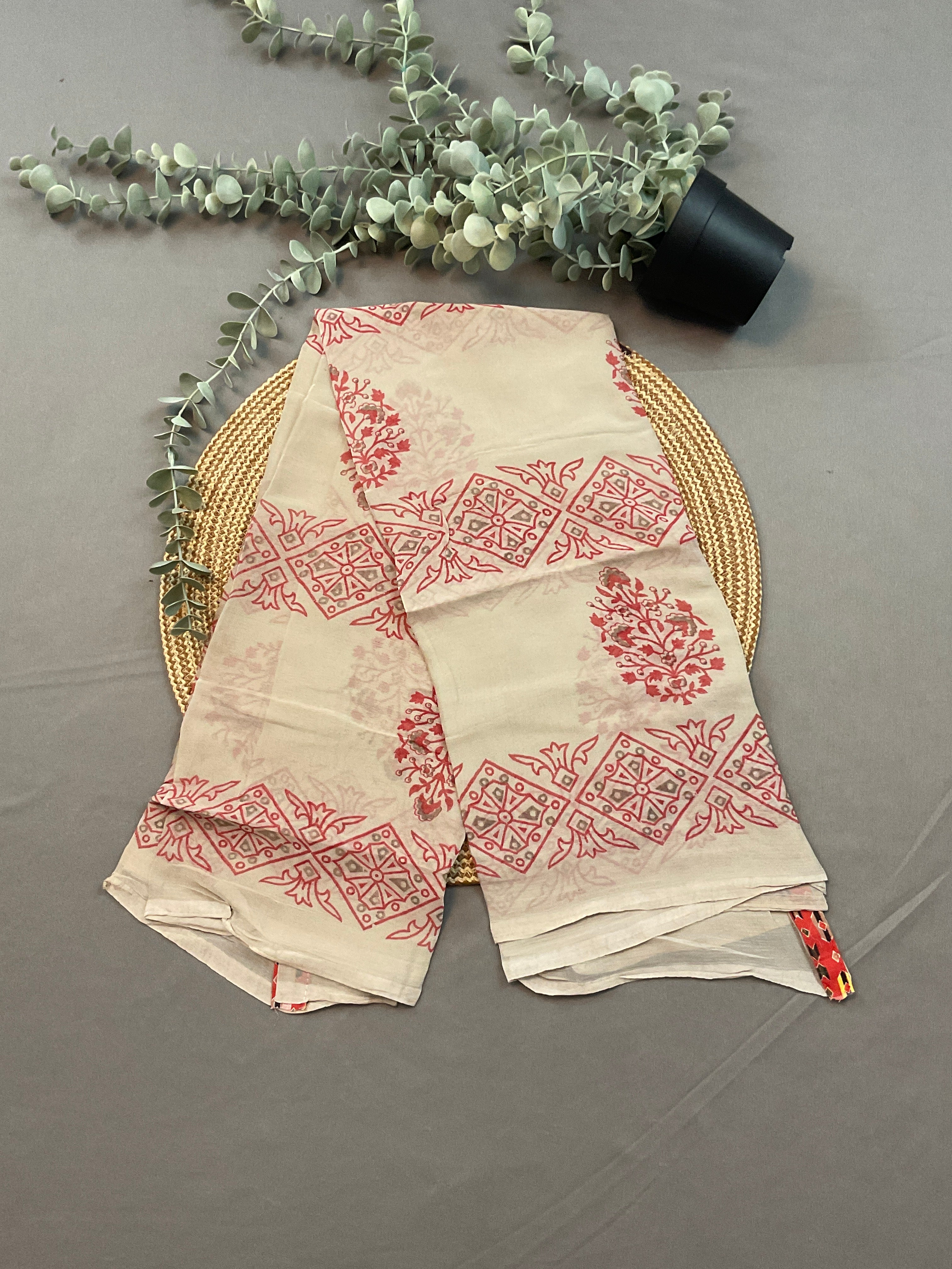 Red & White Pochampally Cotton Dress Material with Hand-Block Georgette Dupatta – Unstitched 3-Piece Suit