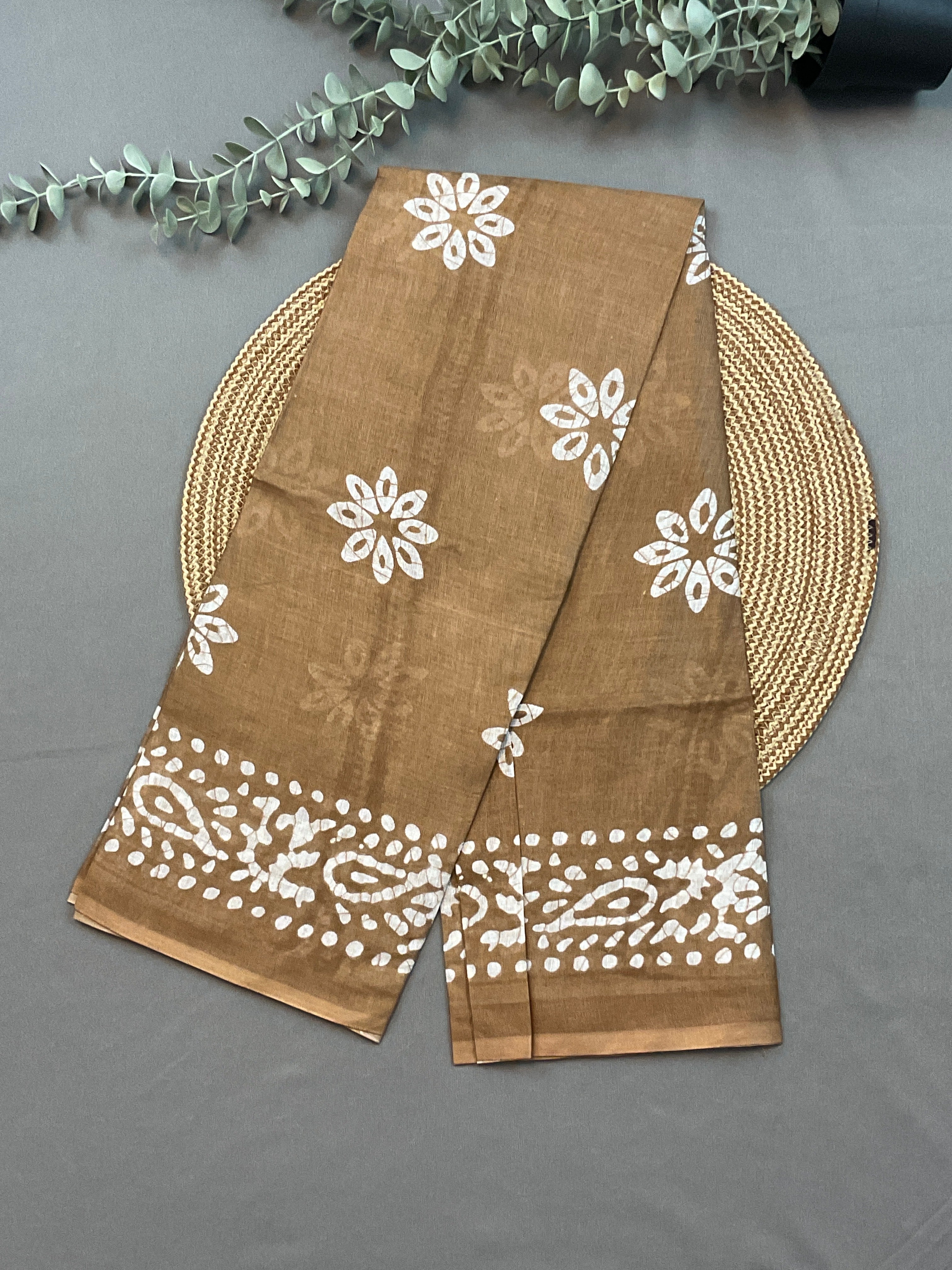Brown Hand Batik Print Cotton Dress Material – Unstitched 3-Piece Suit (Design 2)