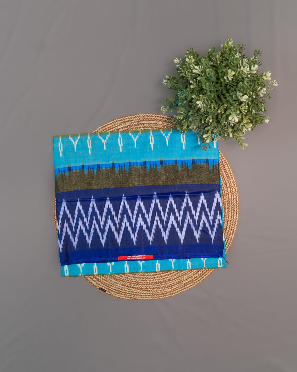 Sky Blue Pochampally Double Ikat Pure Silk Saree — Royal Blue Ikat Border & Pallu, Red Zari Blouse