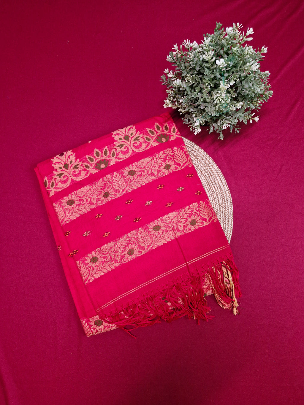 Red Pochampally Ikat Cotton Saree with Gold Zari Border