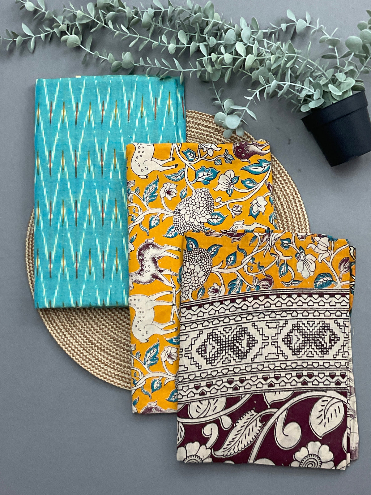 Sky blue Pochampally ikkat cotton dress material with mustard Kalamkari dupatta and bottom - full 3 piece set