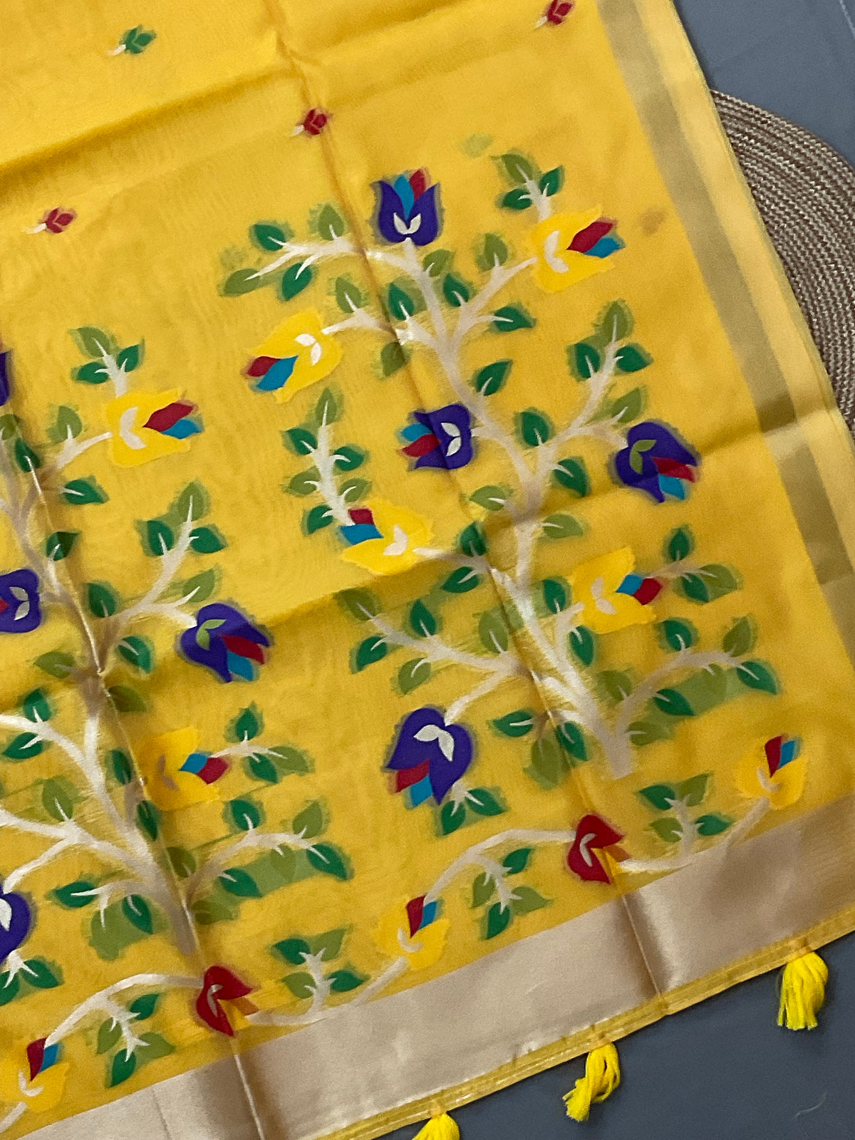 Vibrant Yellow Jamdani Silk Saree with Paithani-Style Mustard Pallu with blouse