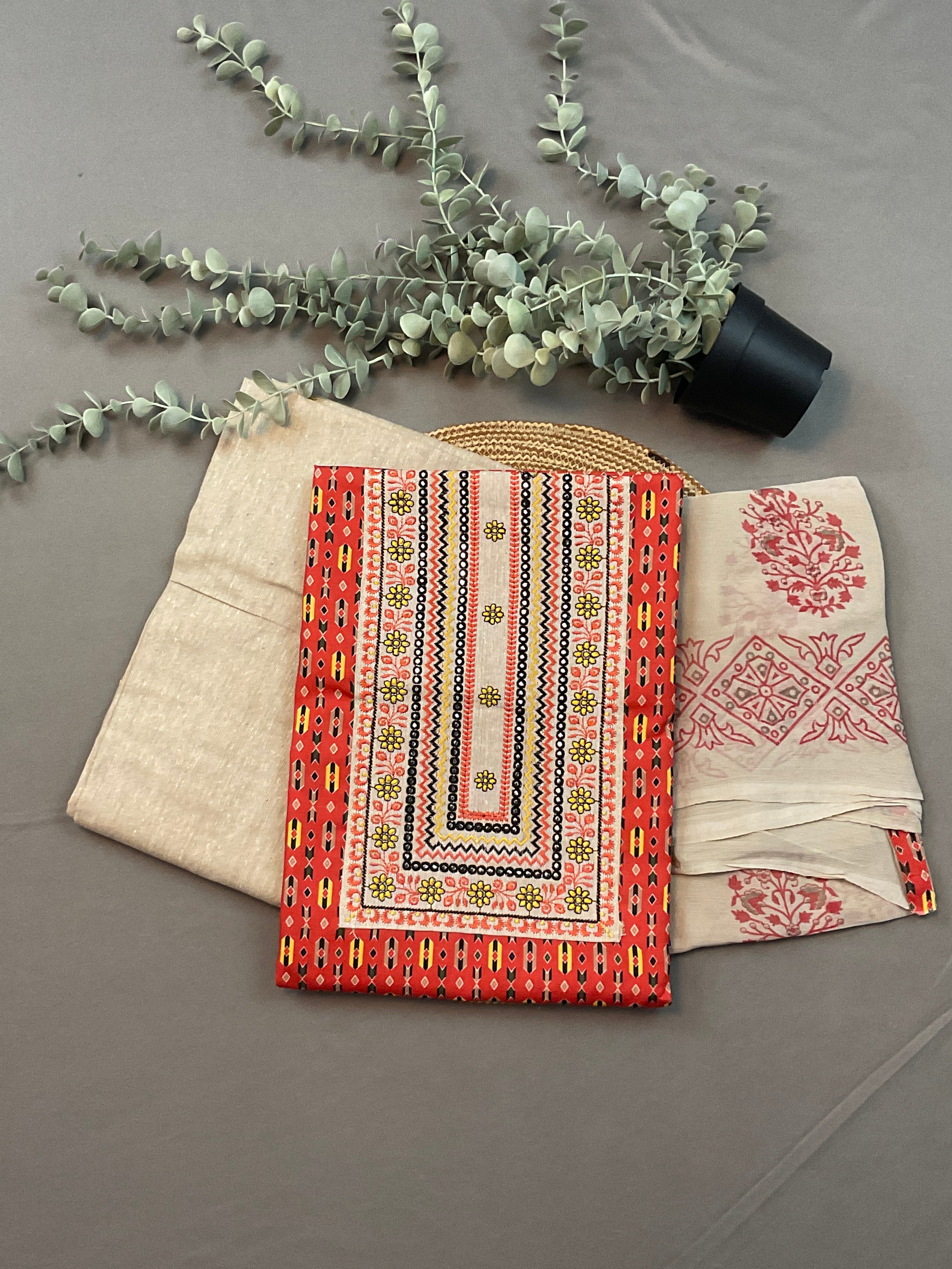 Red & White Pochampally Cotton Dress Material with Hand-Block Georgette Dupatta – Unstitched 3-Piece Suit