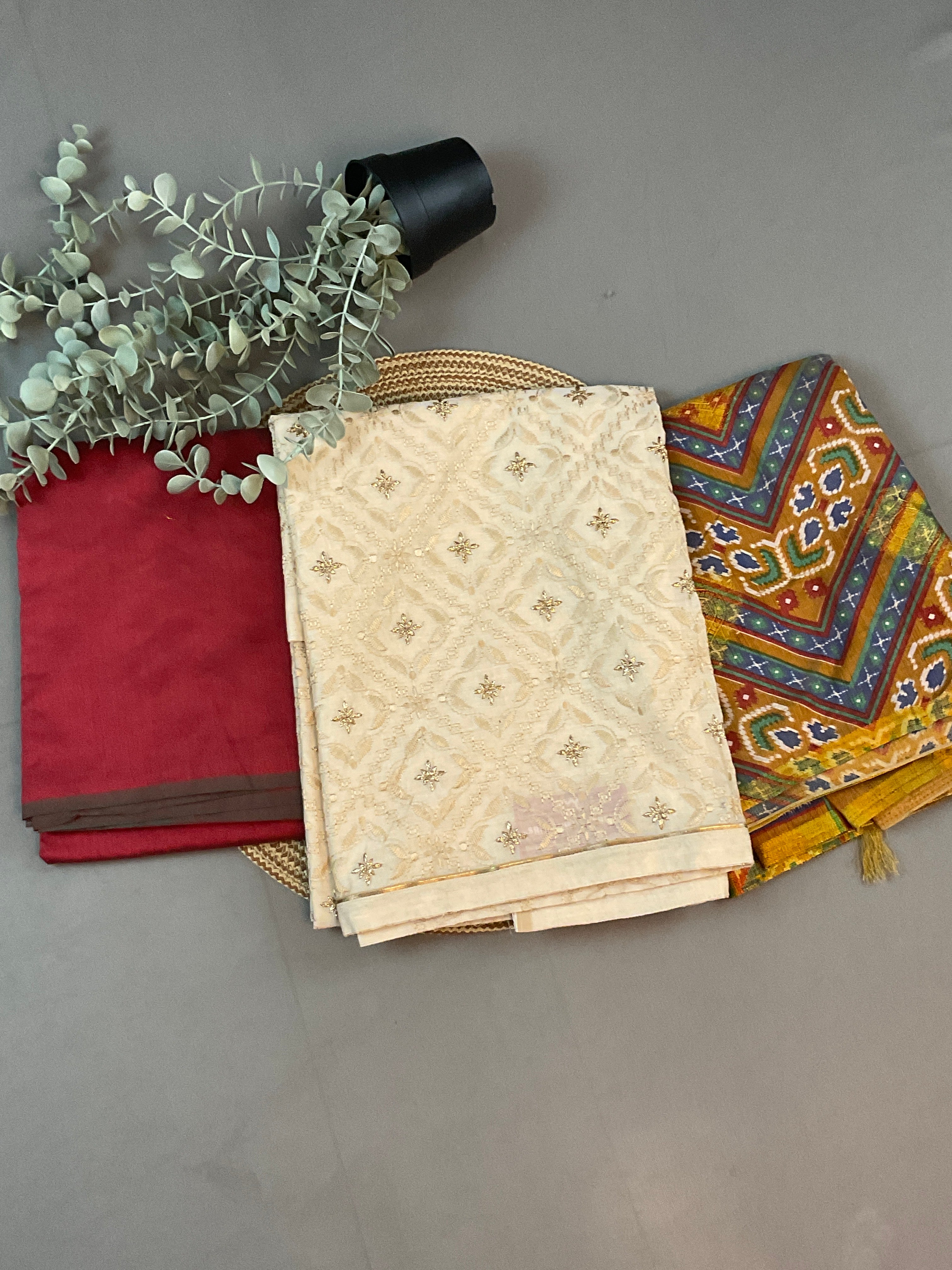 White Silk Patola Dress Material
