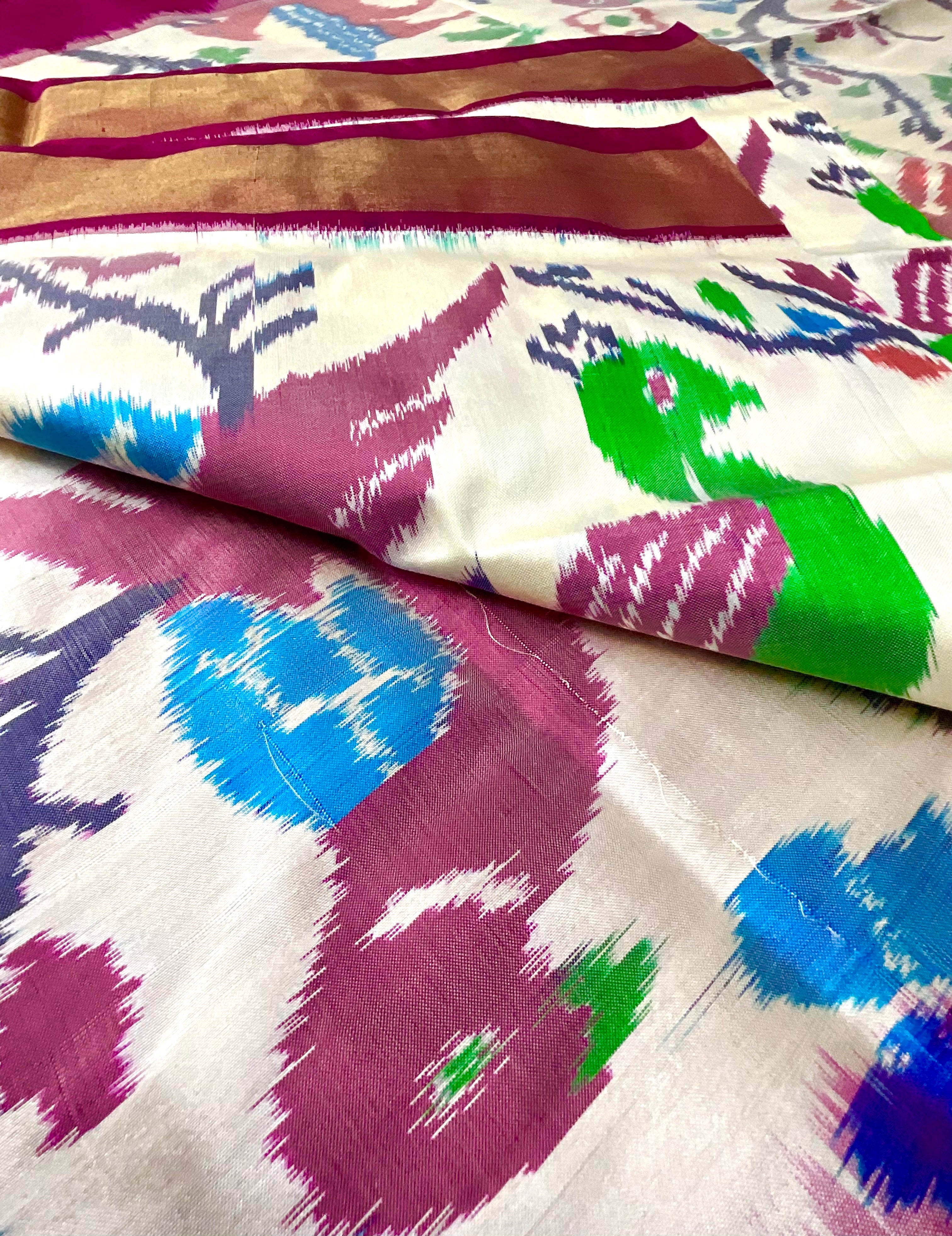 Pure Pochampally Double Ikat Silk Saree in White with Contrast Pink Zari Pallu & Blouse
