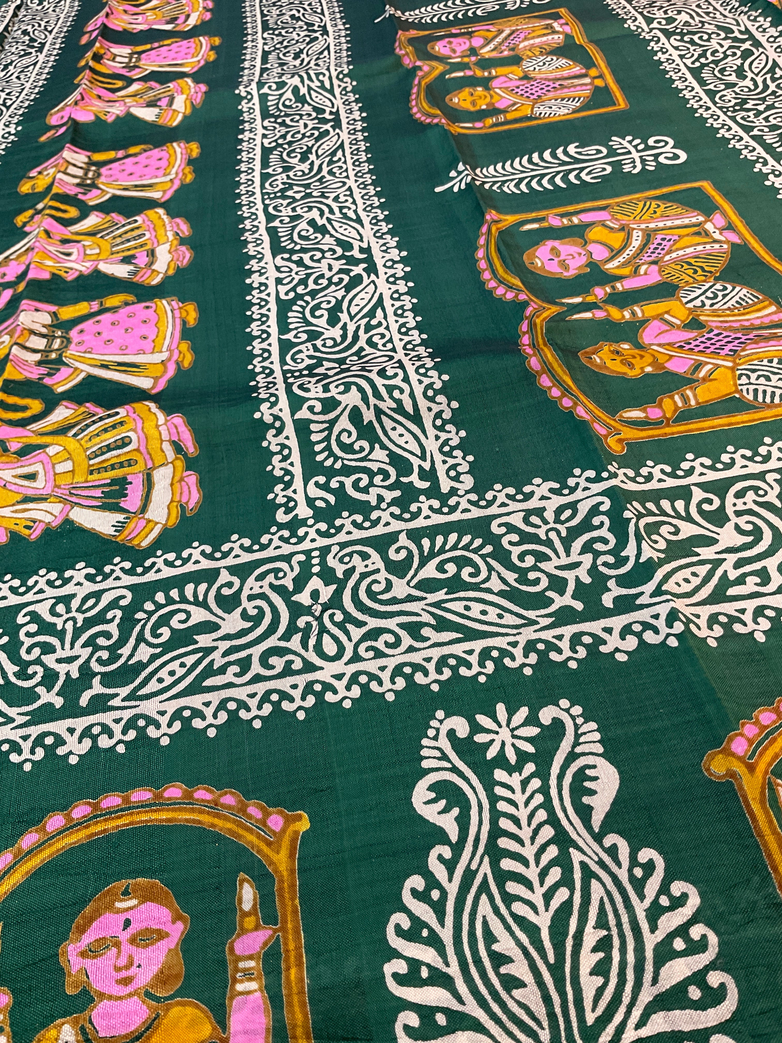 Kalamkari Hand Block Printed Pure Silk Saree in Green with Designer Pallu & Blouse