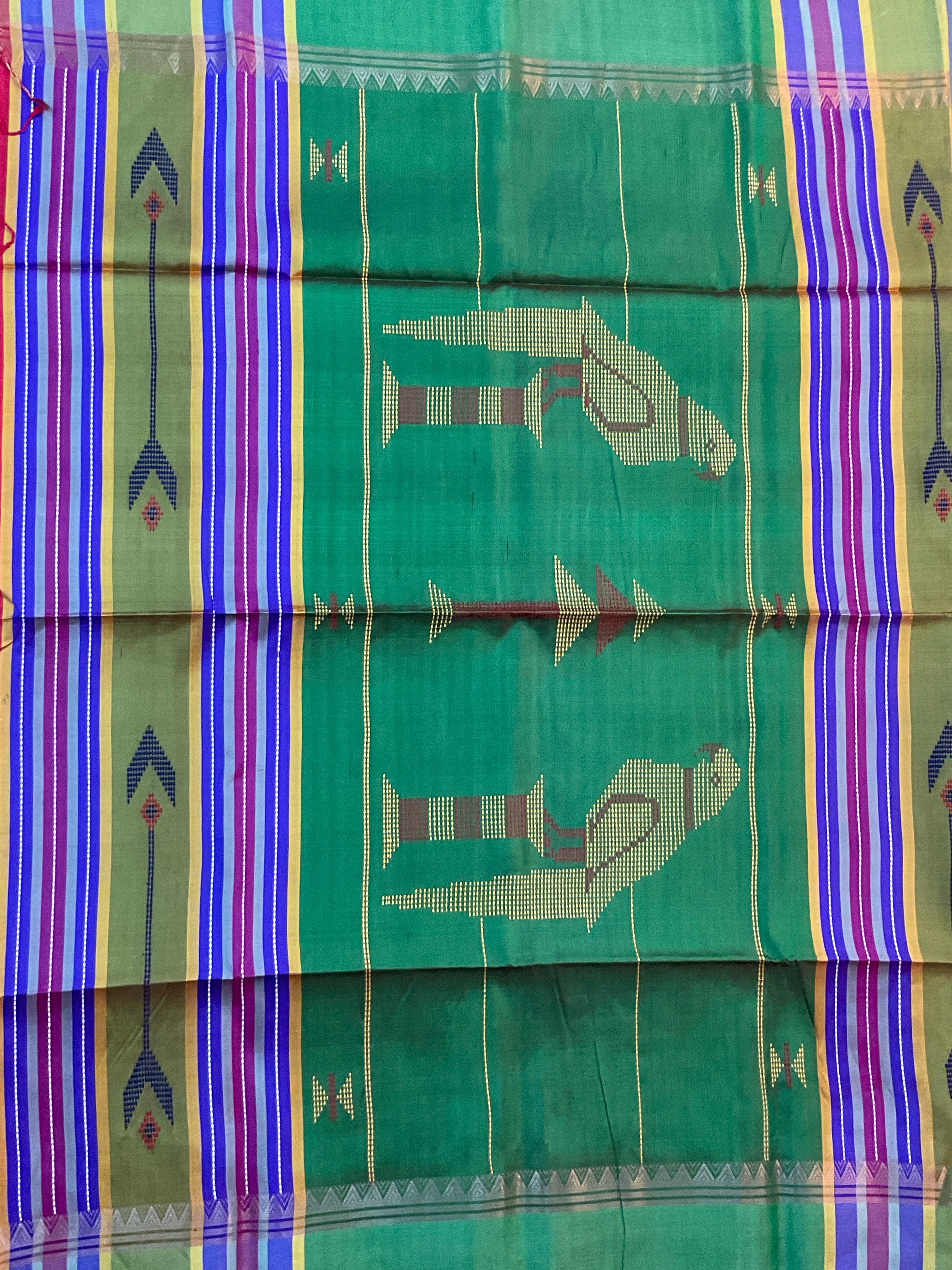 Handwoven Pure Silk Saree in Green with Rich Weave Pallu, Contrast Border & Blouse