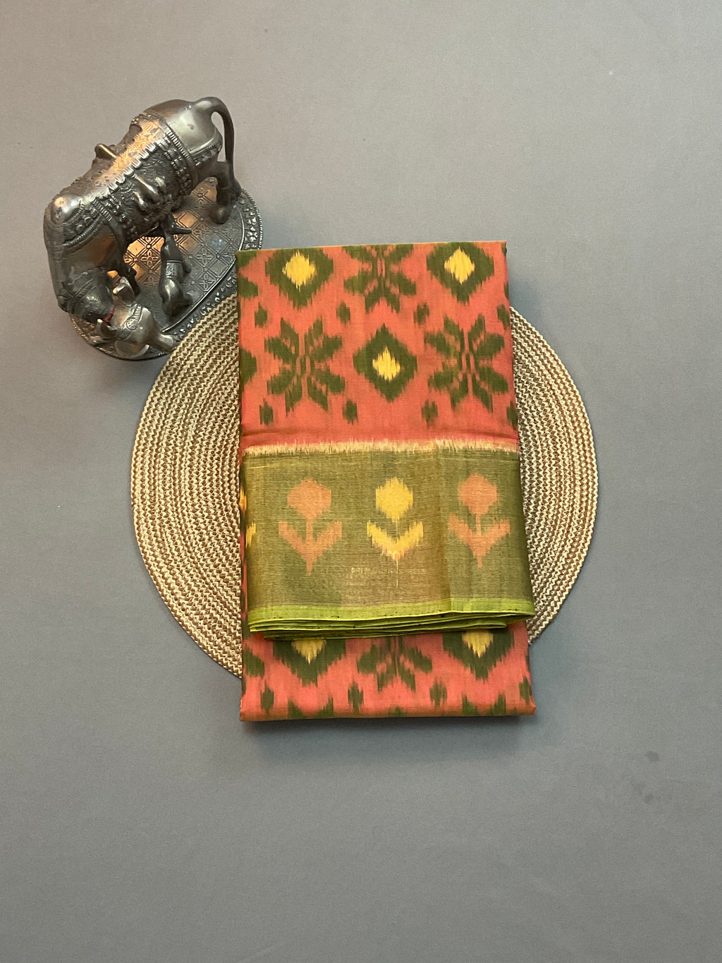 Orange & Green Floral Pochampally Sico Silk Saree