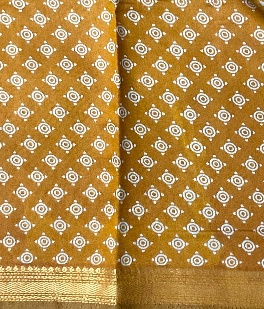Rajwada Style Handprinted Elephant Soft Silk Saree in Mustard with Designer Pallu