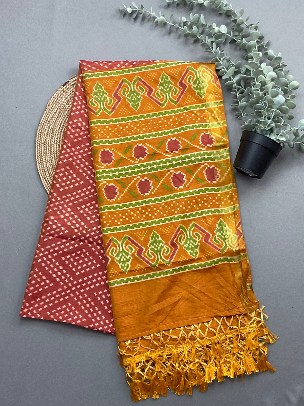 Mustard multicolour patola print soft silk dupatta