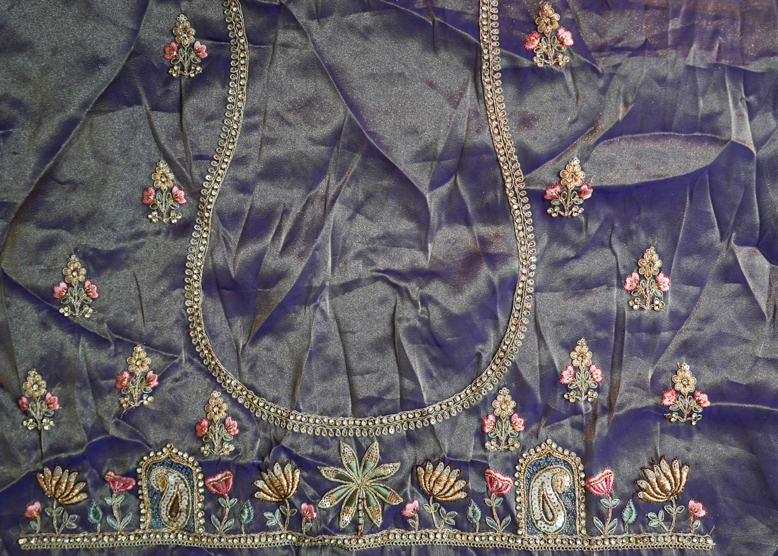 Antique Mauve Handloom Silk Bridal Lehenga with Pastel Floral Embroidery