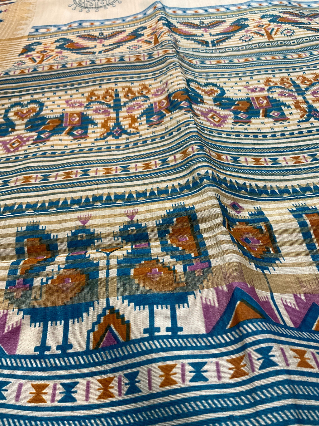 Hand embroidery, off white Pochampalli silk sari with threadwork , butti, and blue work pochampally Pallu with the designer blouse