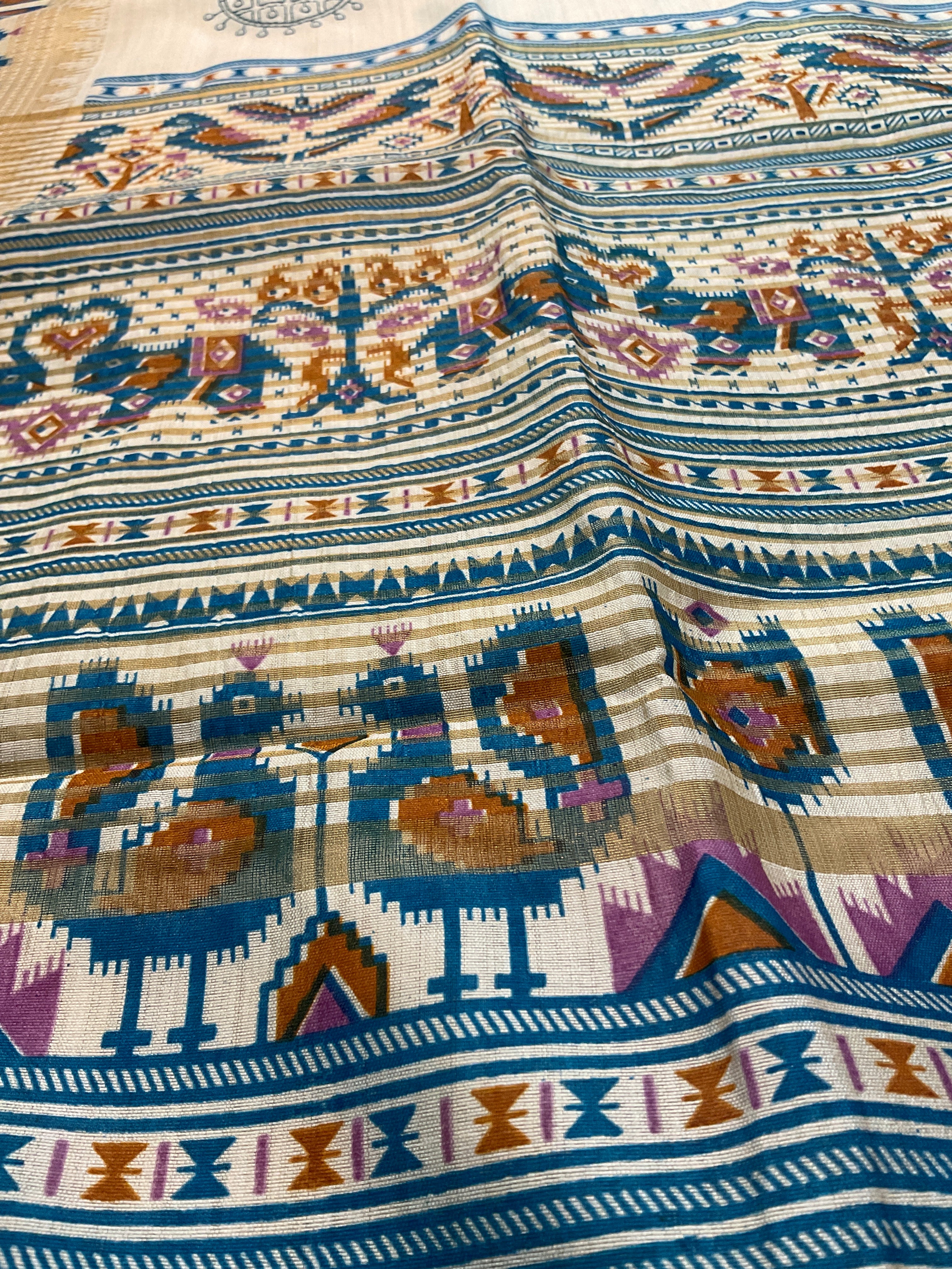 Hand embroidery, off white Pochampalli silk sari with threadwork , butti, and blue work pochampally Pallu with the designer blouse