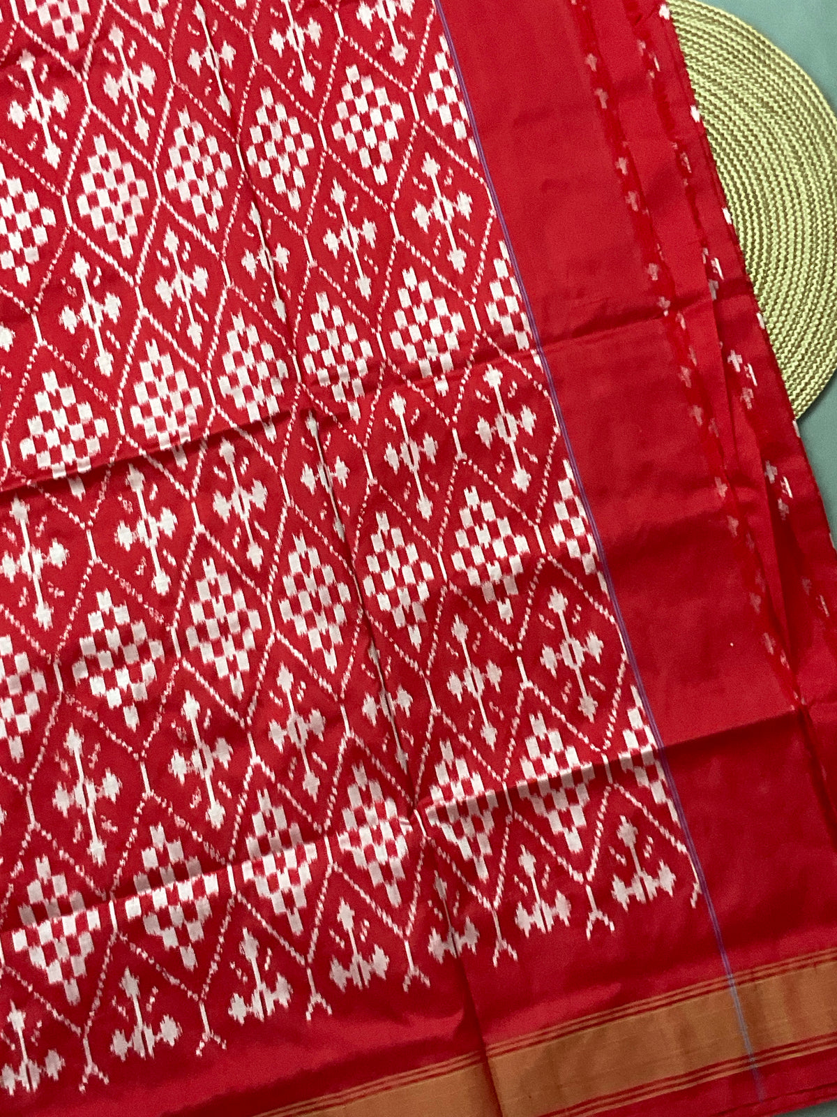 Red Pochampally Double Ikat Silk Saree — Self Red Patola Border & Pallu