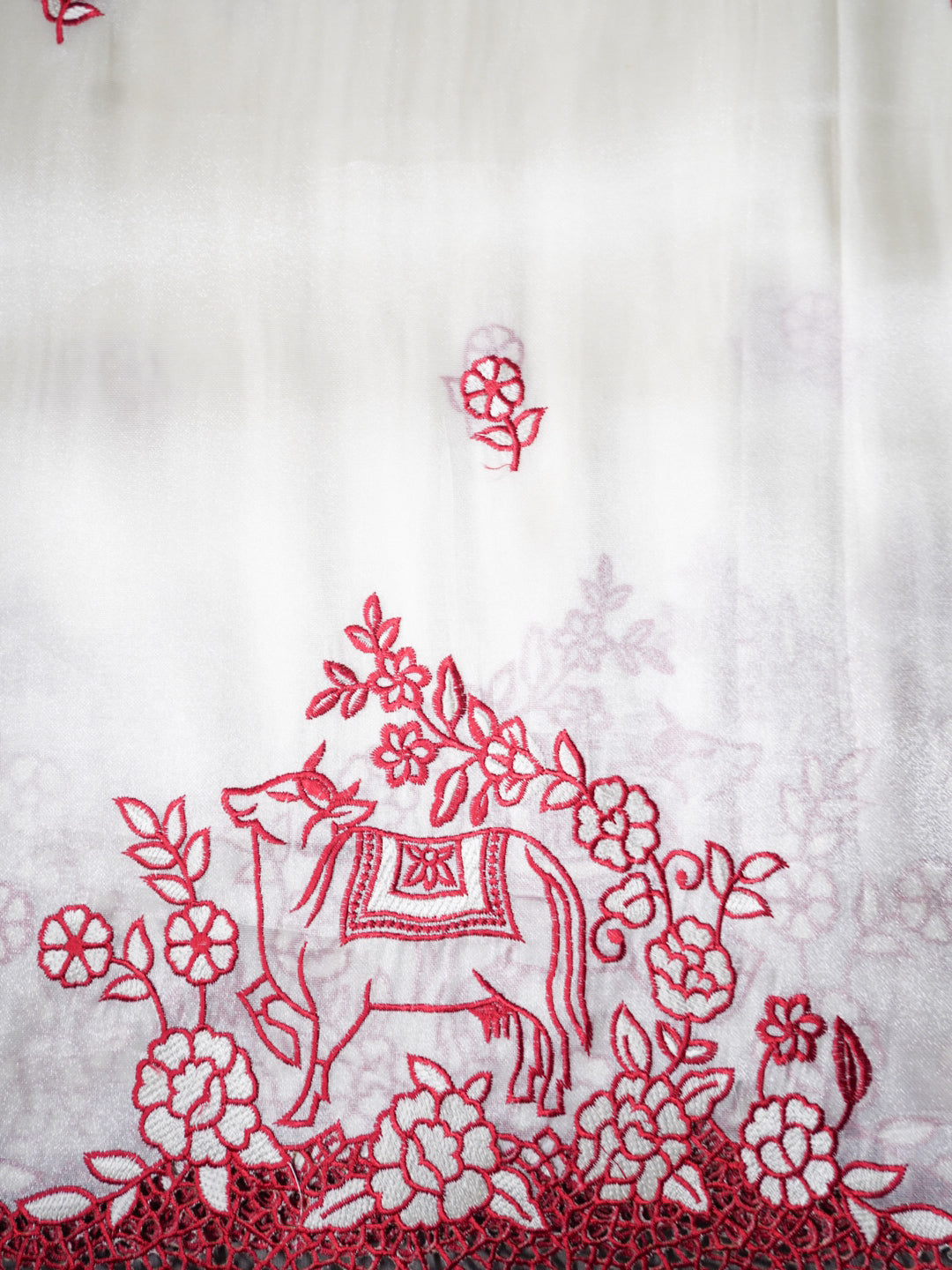 White & Red Pure Tissue Silk Saree – Heavy Animal-Motif Embroidery Designer Saree