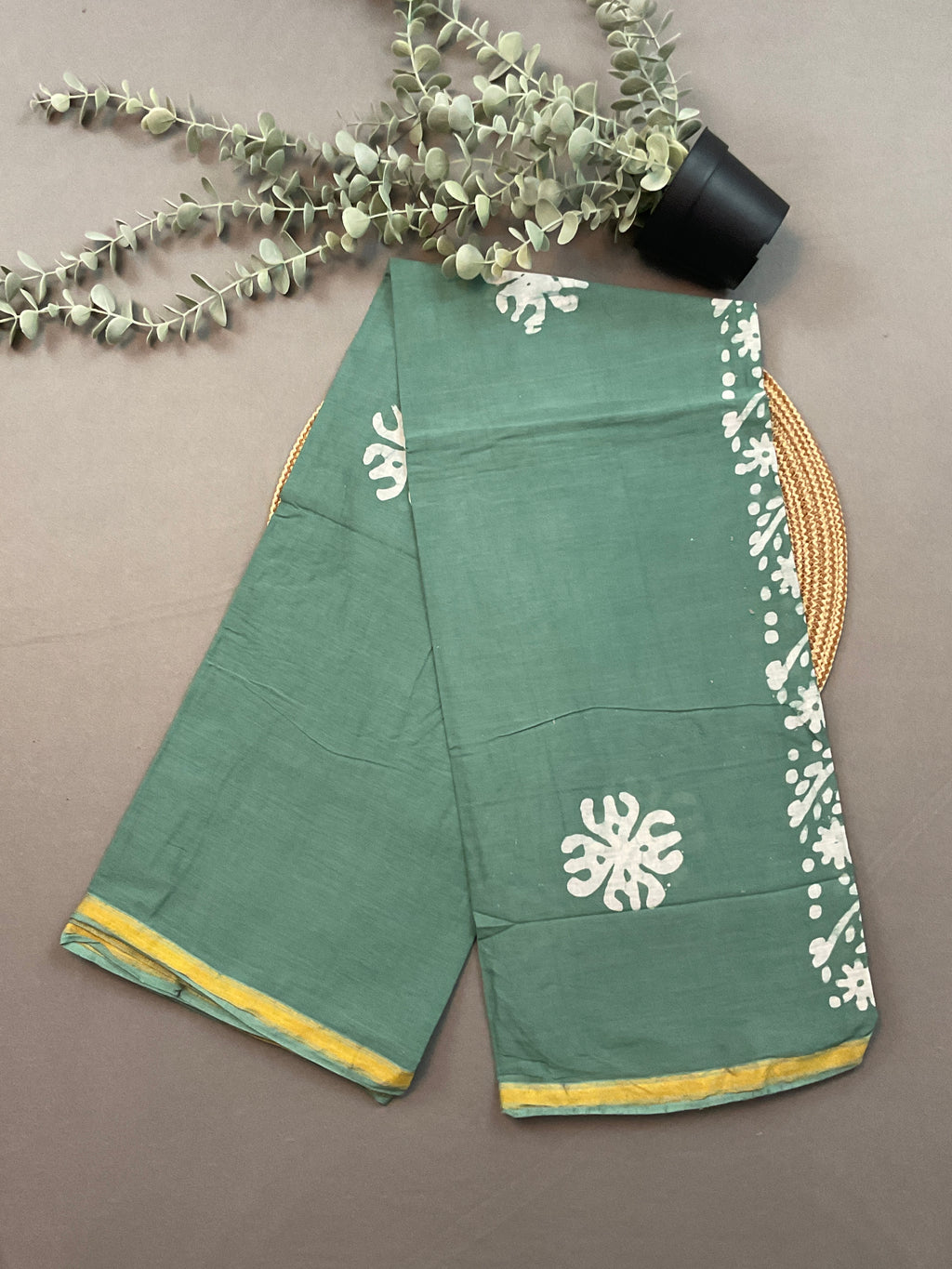 Dark Green Hand Batik Print Cotton Dress Material – Unstitched 3-Piece Suit